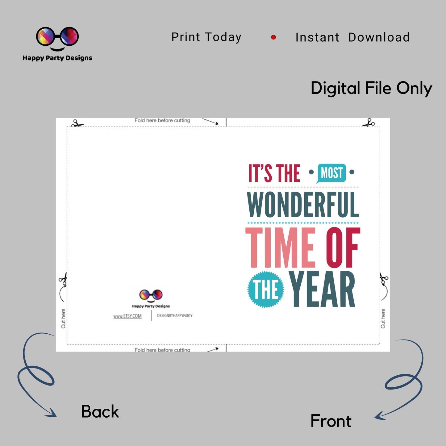PRINTABLE Christmas card | Christmas Card | Holiday Card | Its the most wonderful time of the year | Instant Download