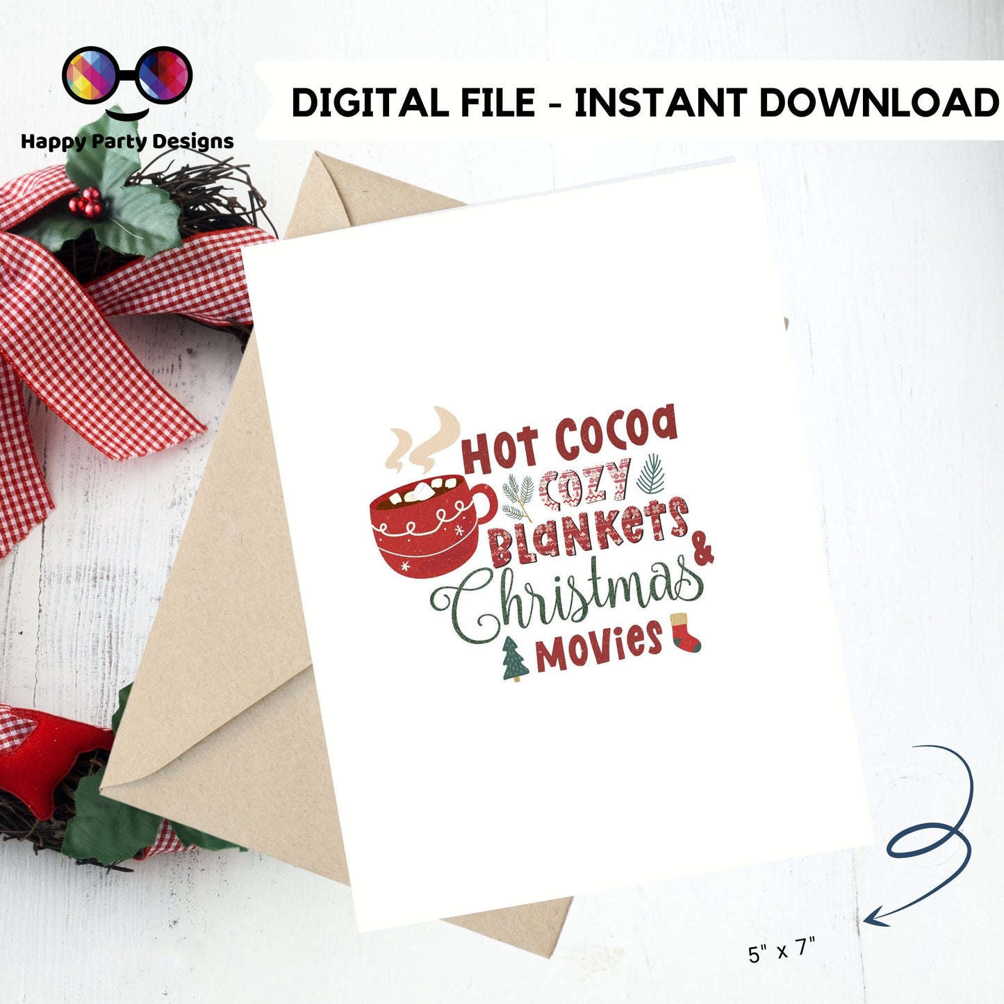 PRINTABLE Christmas card | Christmas Card | Holiday Card | Hot Cocoa Cozy Blankets and Christmas Movies | Instant Download