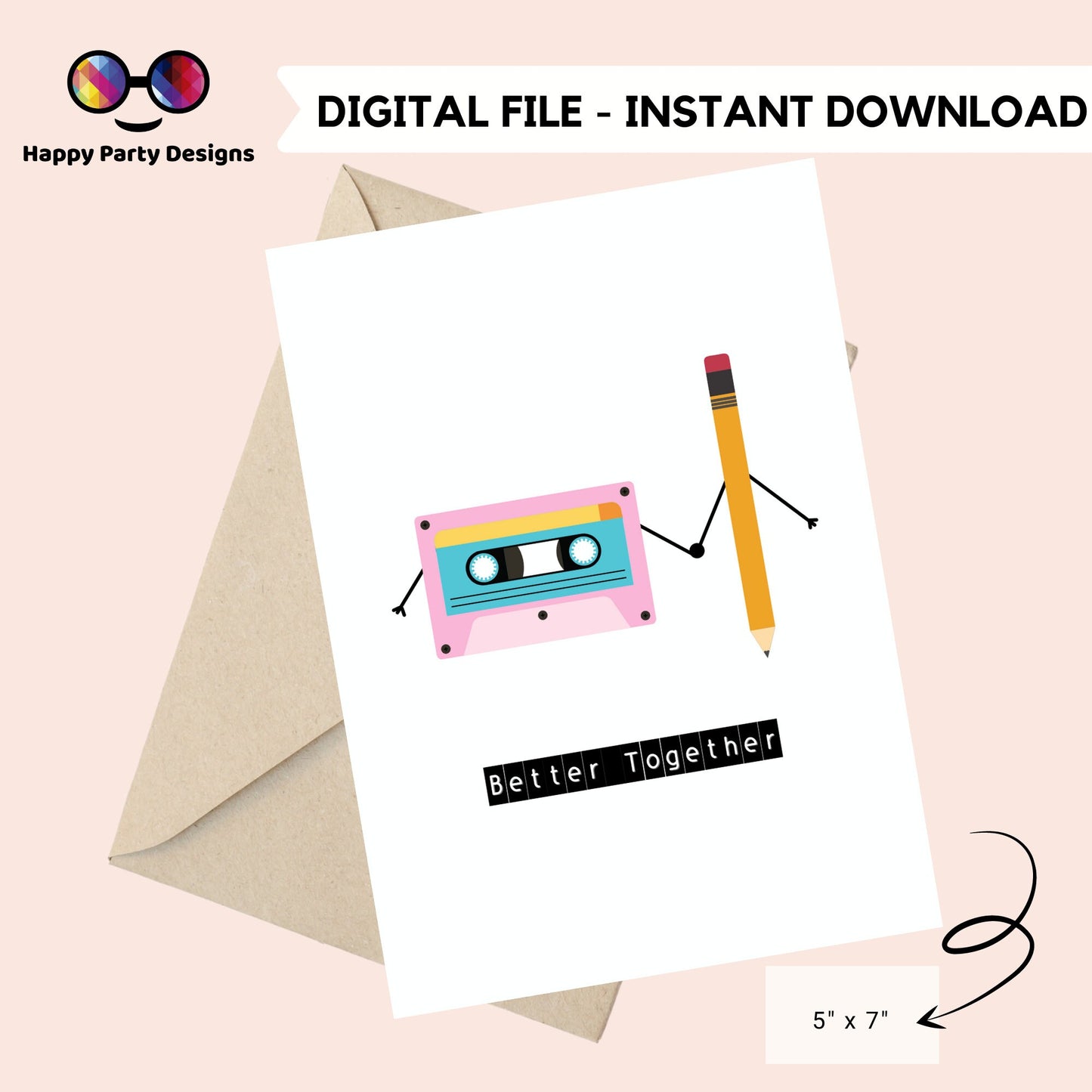 Printable retro greeting card | Better together card | Anniversary greeting card | 80's greeting card | cassette music greeting card | 1980