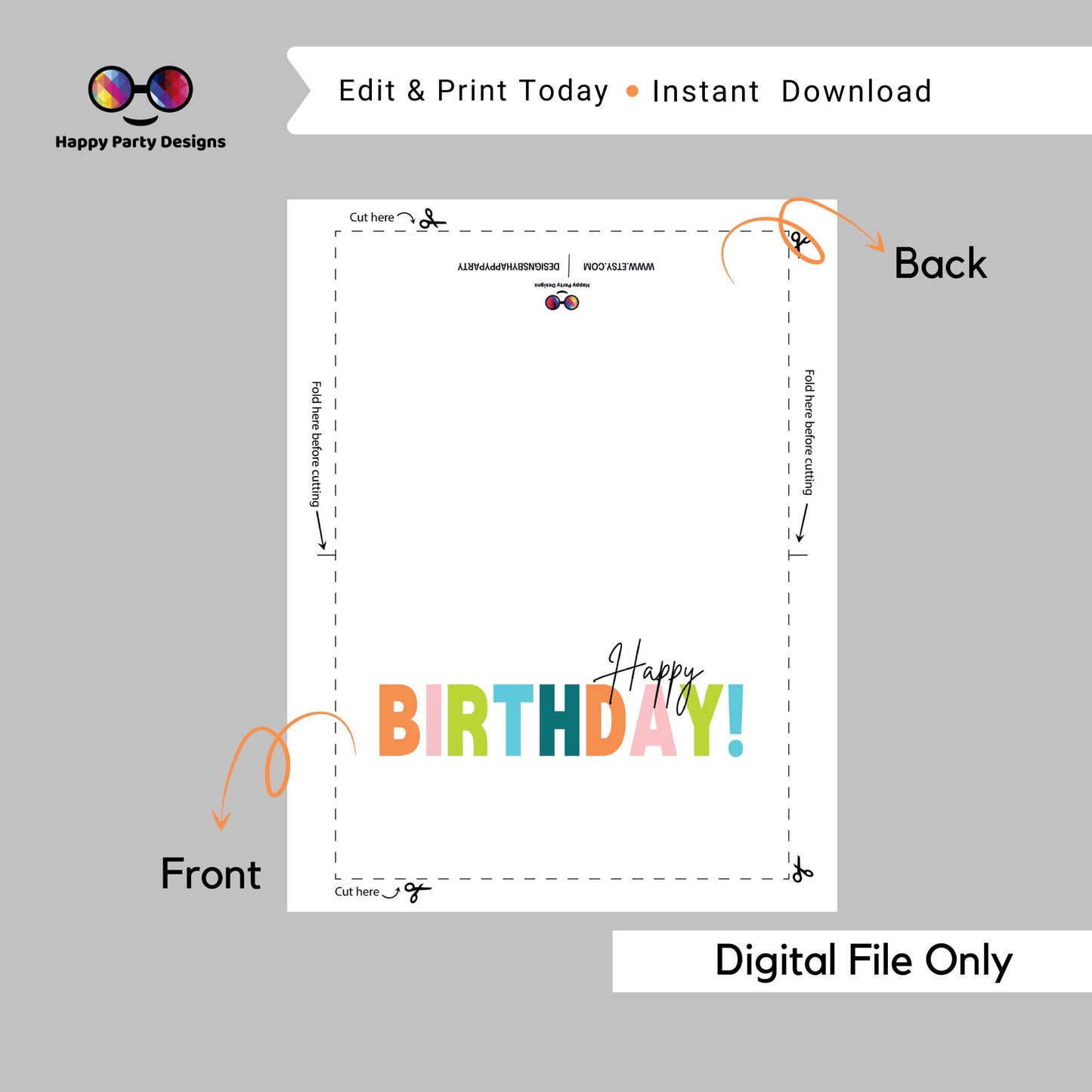 PRINTABLE Happy Birthday greeting card| Birthday Card | Happy Birthday | Instant Download | Boho | Bold colors | Cheerful