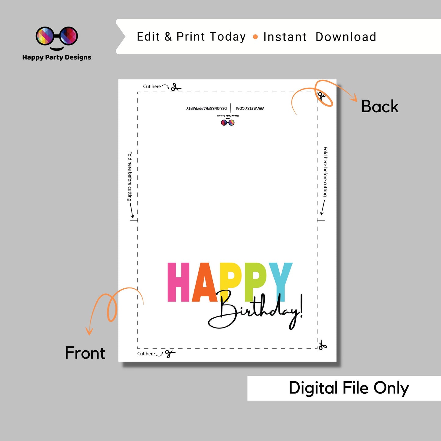PRINTABLE Happy Birthday greeting card| Birthday Card | Happy Birthday | Instant Download | Rainbow colors | Bold colors | Cheerful
