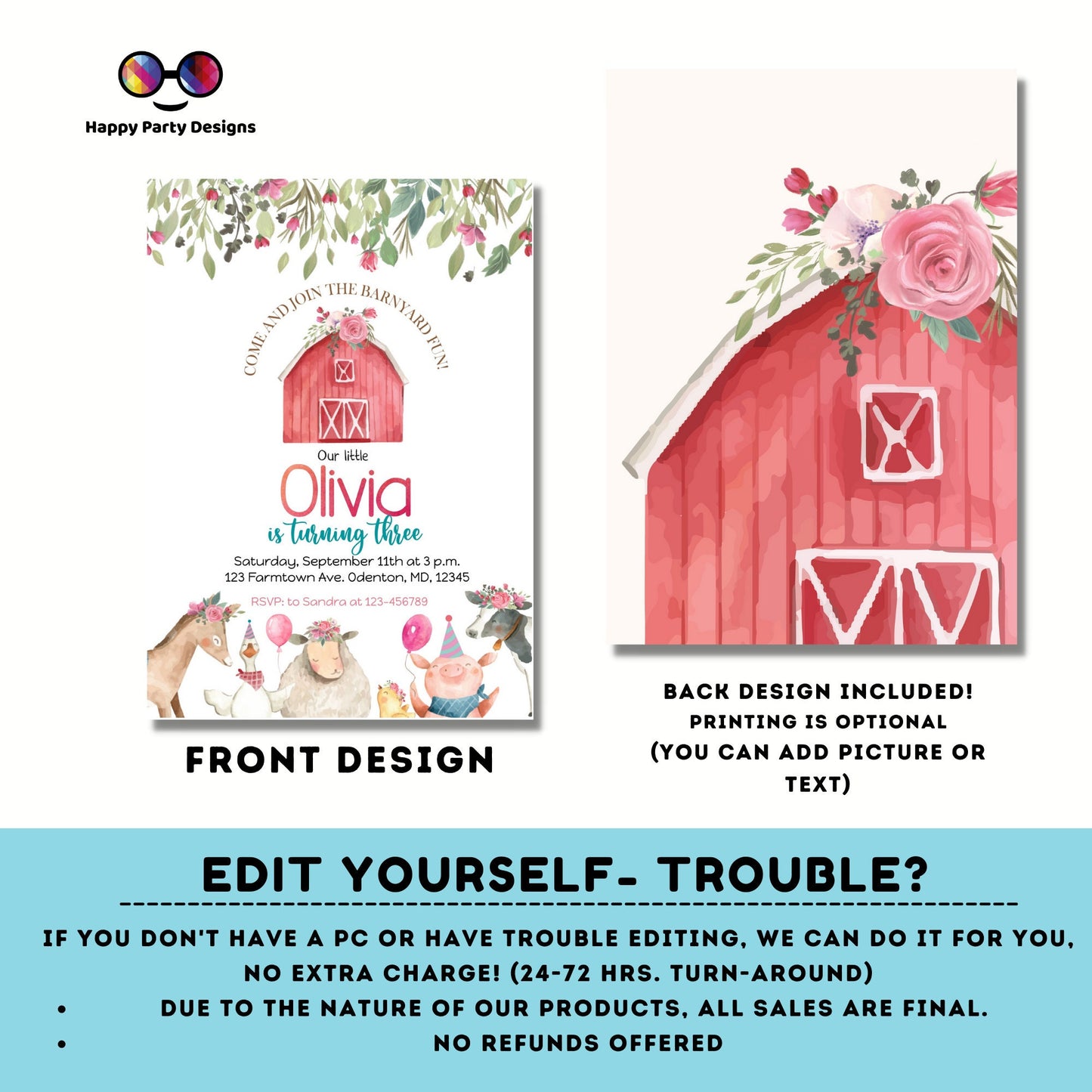 Editable Farm Birthday Invitation Girl | Farm Animals Pink Floral Barnyard | Party Download Printable Invitation Template