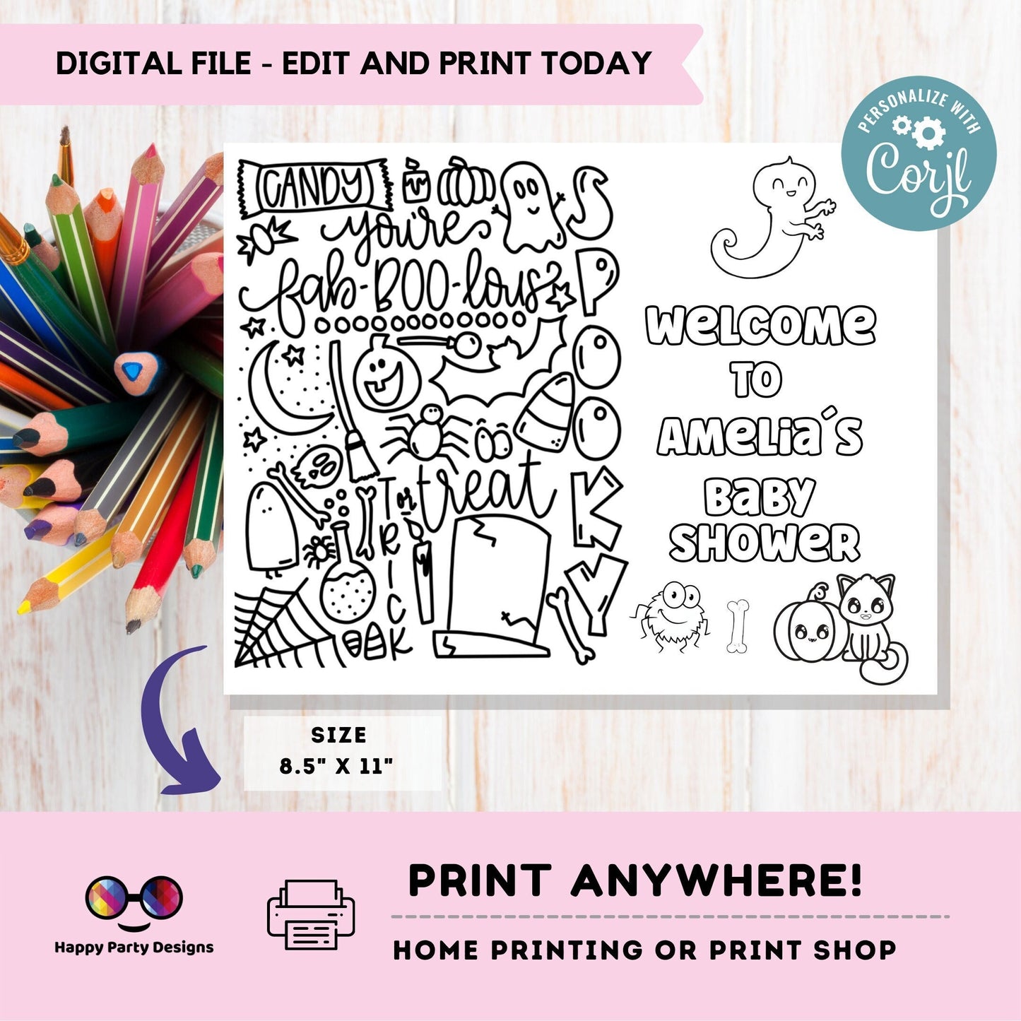 Editable Baby Shower coloring page | Halloween coloring page | Placemat | Halloween Baby Shower | Halloween Party Activity editable