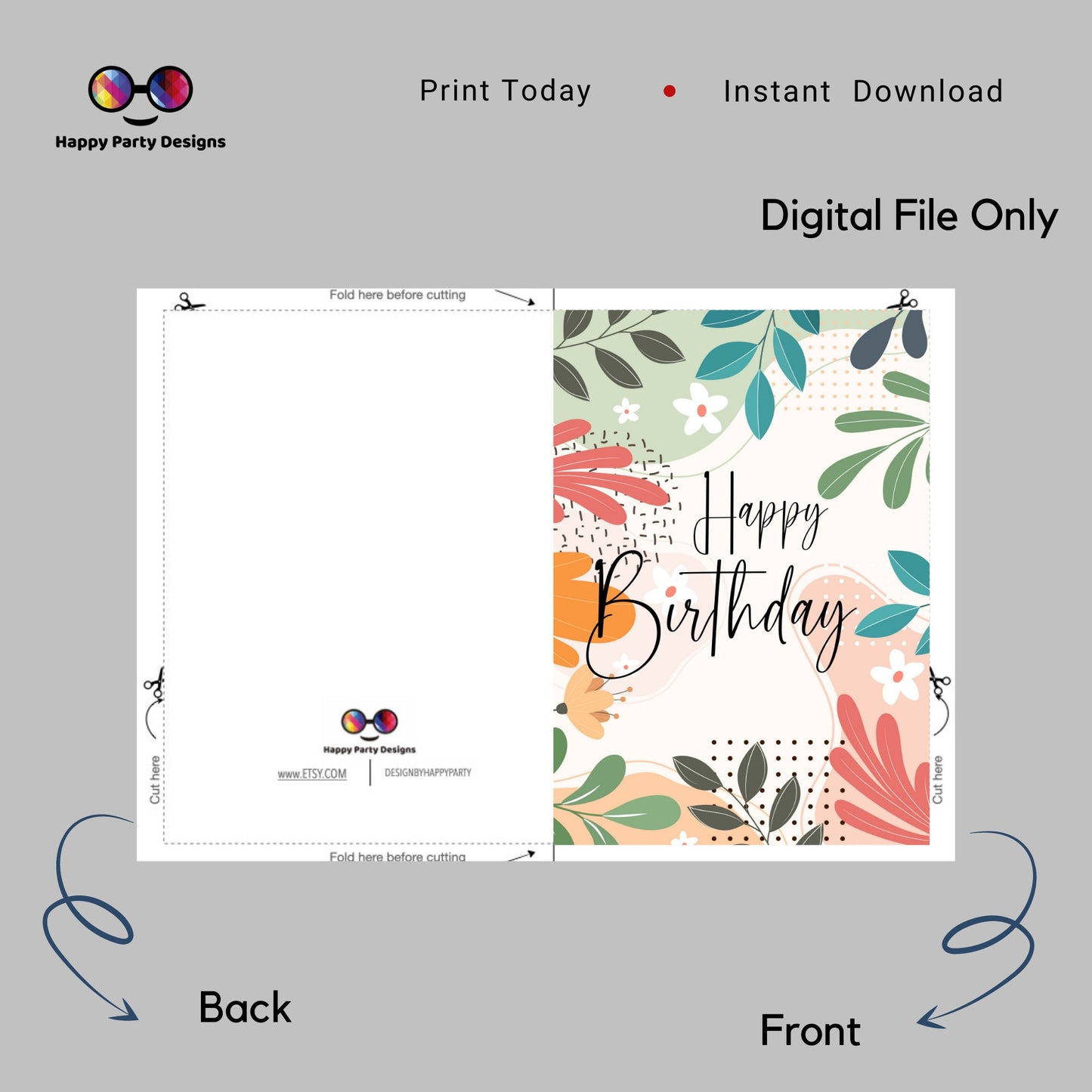 Happy Birthday greeting card | Printable Birthday Card | Happy Birthday Card | Instant Download | Floral card | Cheerful