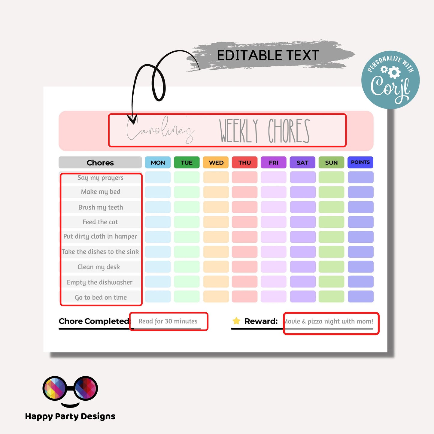 Weekly Daily Chore Chart for Kids | Responsibility Chart Homeschool | My Responsibilities | Personalized Planner | Printable Editable PDF