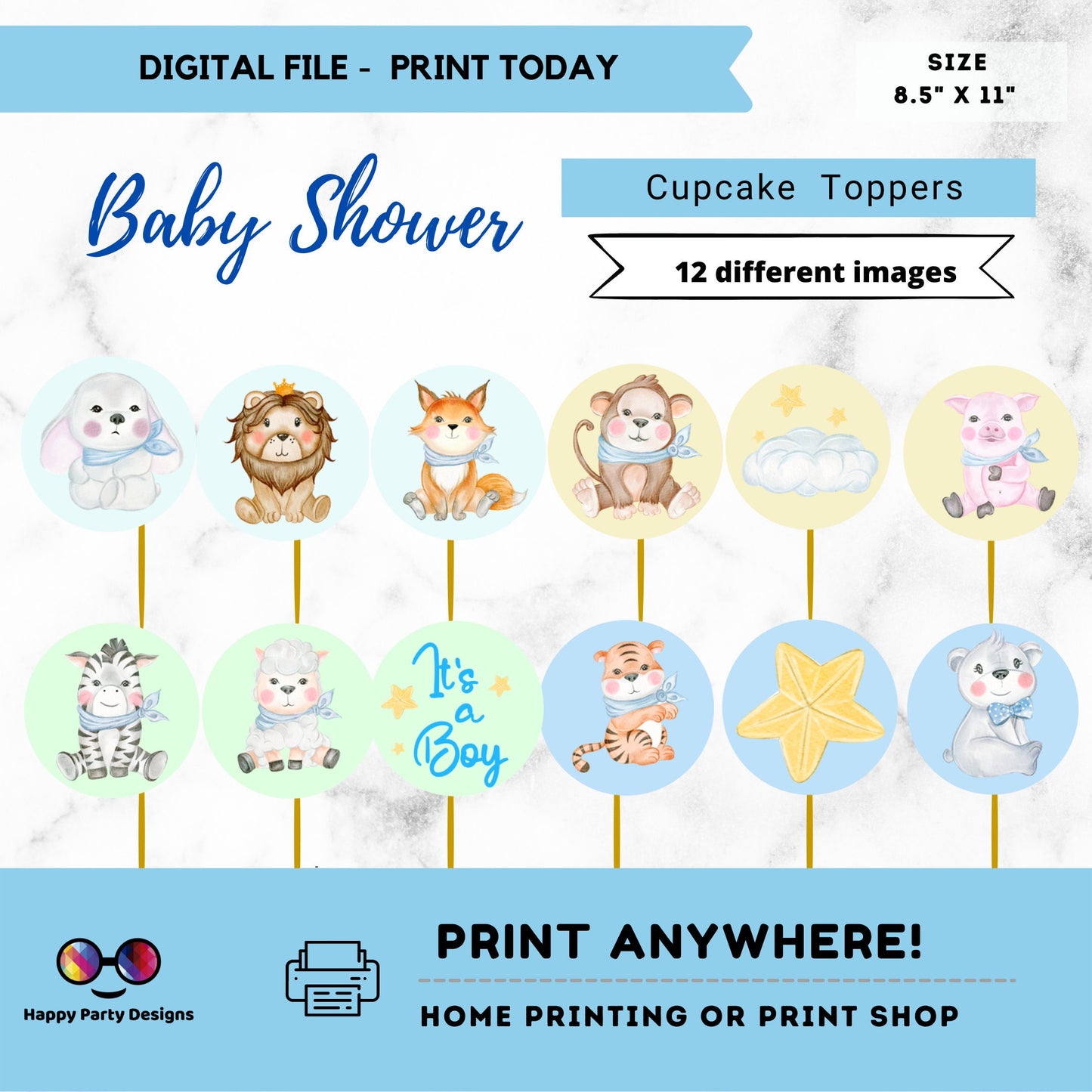 Jungle animals blue Cupcake toppers | Baby Shower | Cupcake Toppers | Instant Download | Digital | Baby Shower Boy | Safari animals blue