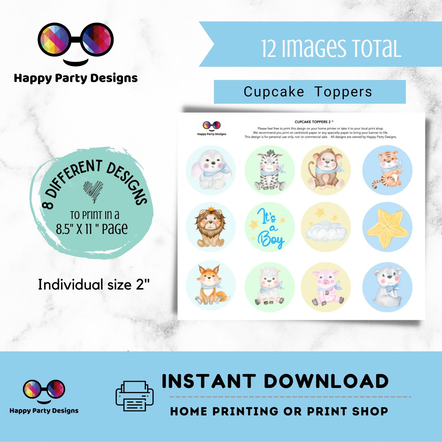 Jungle animals blue Cupcake toppers | Baby Shower | Cupcake Toppers | Instant Download | Digital | Baby Shower Boy | Safari animals blue