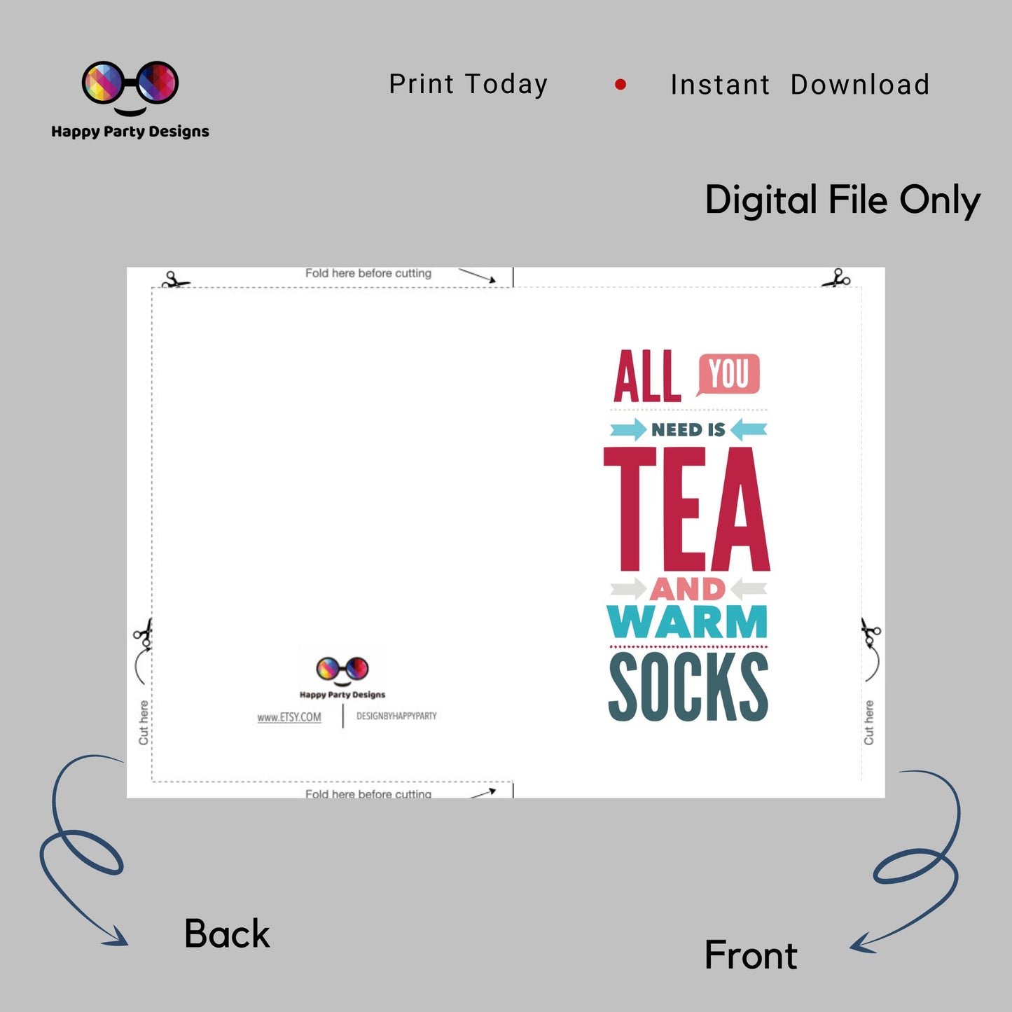 PRINTABLE Christmas card| Christmas Card | Holiday Card | All you need is tea and warm socks | Instant Download