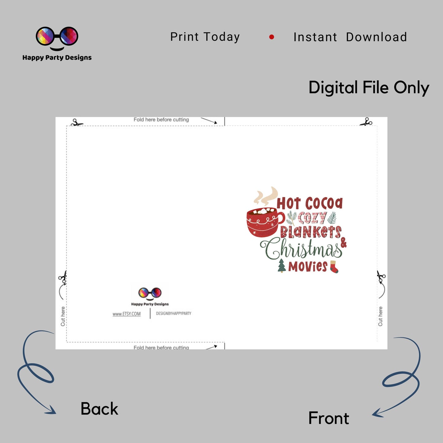PRINTABLE Christmas card | Christmas Card | Holiday Card | Hot Cocoa Cozy Blankets and Christmas Movies | Instant Download