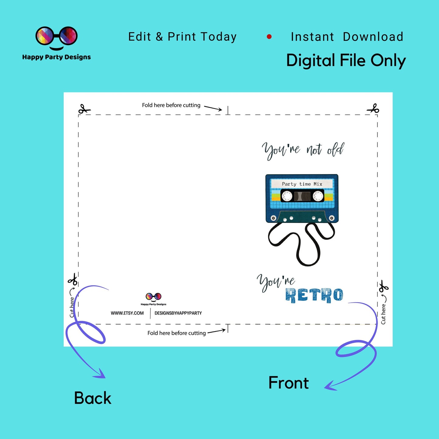 Printable You're not old, you're retro greeting card | Cassette card | retro greeting card | 80's greeting card | music greeting card