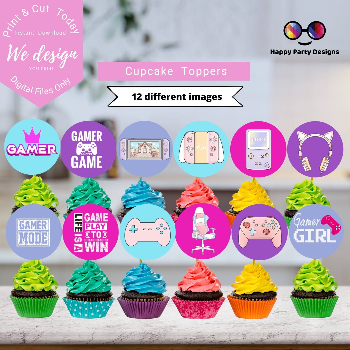 Video Gamer Cupcake toppers | Neon Video Gamer Birthday | Cupcake Toppers | Instant Download | Digital | Gamer Birthday Party | Pink Gamer