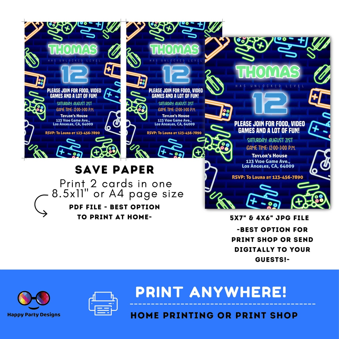 Editable video gamer invitation | Digital neon video gamer printable invite | Birthday boy | neon Invitation | Personalize Online #K50