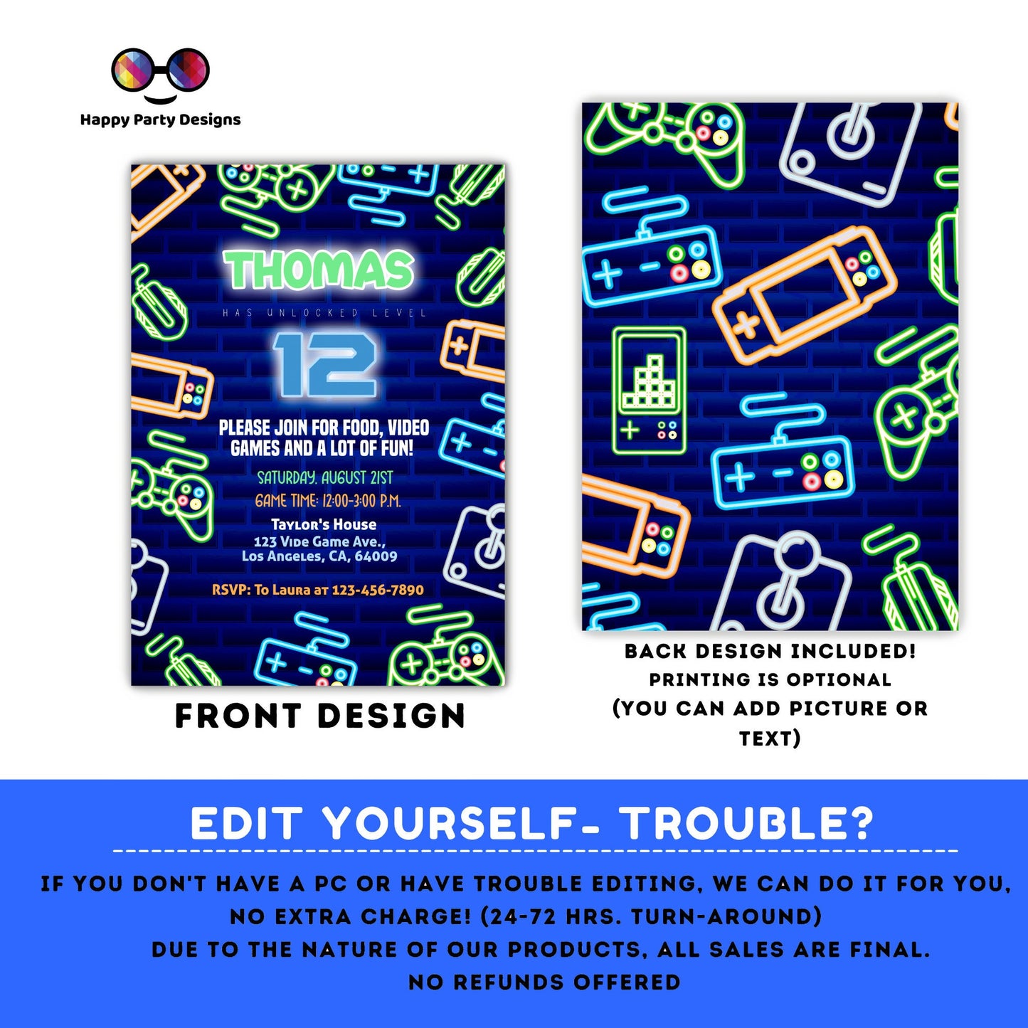 Editable video gamer invitation | Digital neon video gamer printable invite | Birthday boy | neon Invitation | Personalize Online #K50