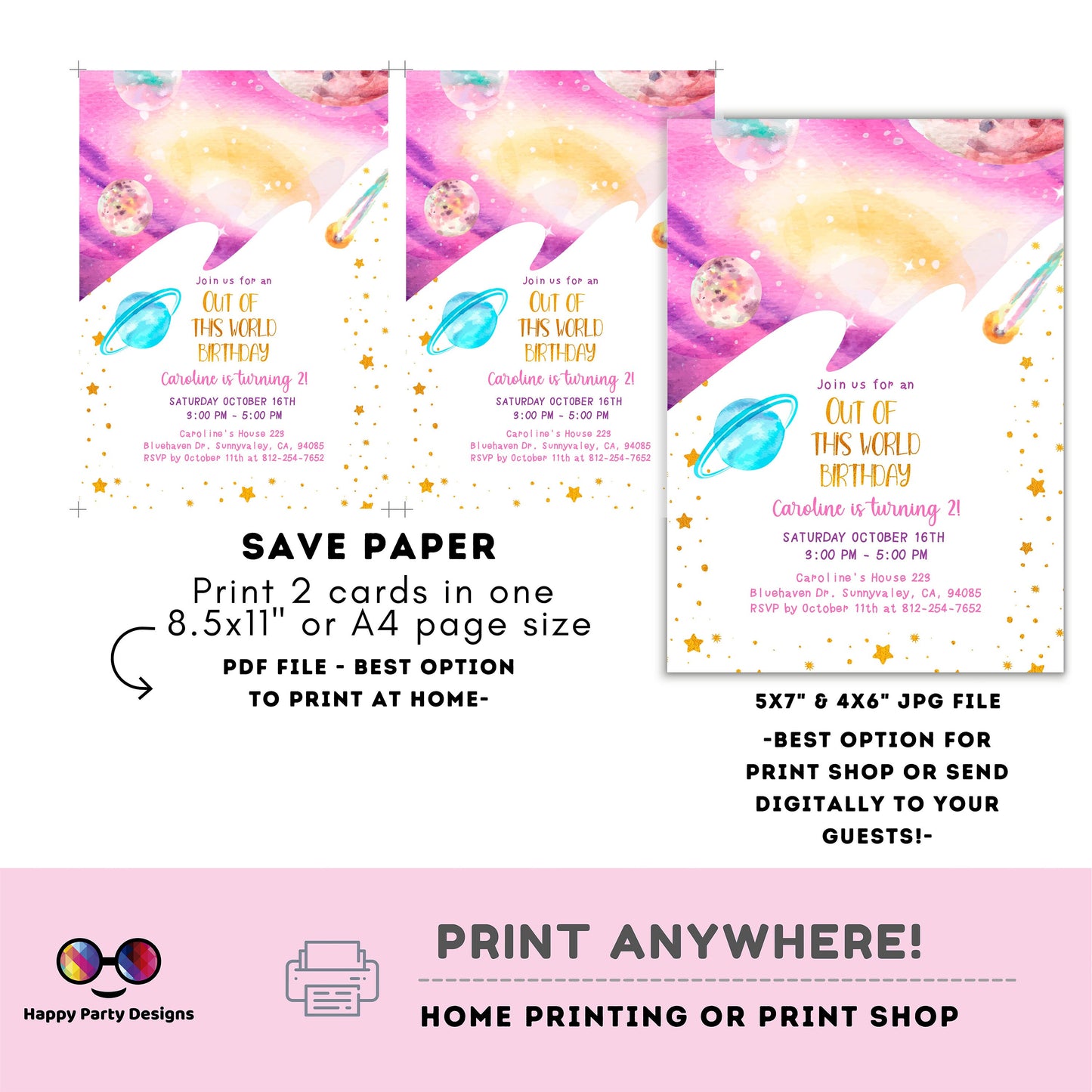 Editable Outer Space Birthday Invitation | Girl Invitation | Pink Birthday invitations | Cute Outer Space Birthday Invitation #K80