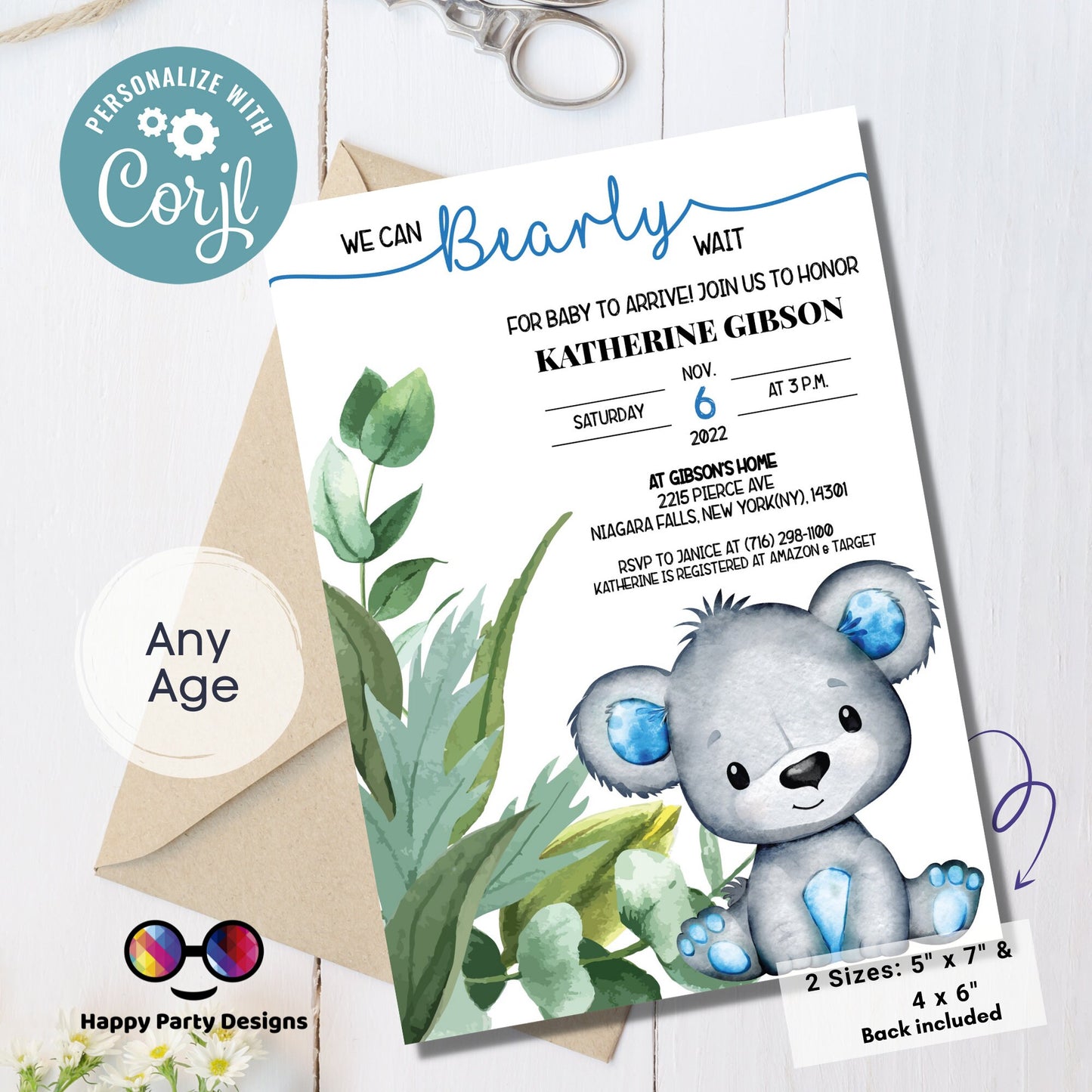 We can bearly wait Baby Shower Invitations | baby boy | watercolor | Cute bear | Edit Yourself & Instant Download with Corjl!
