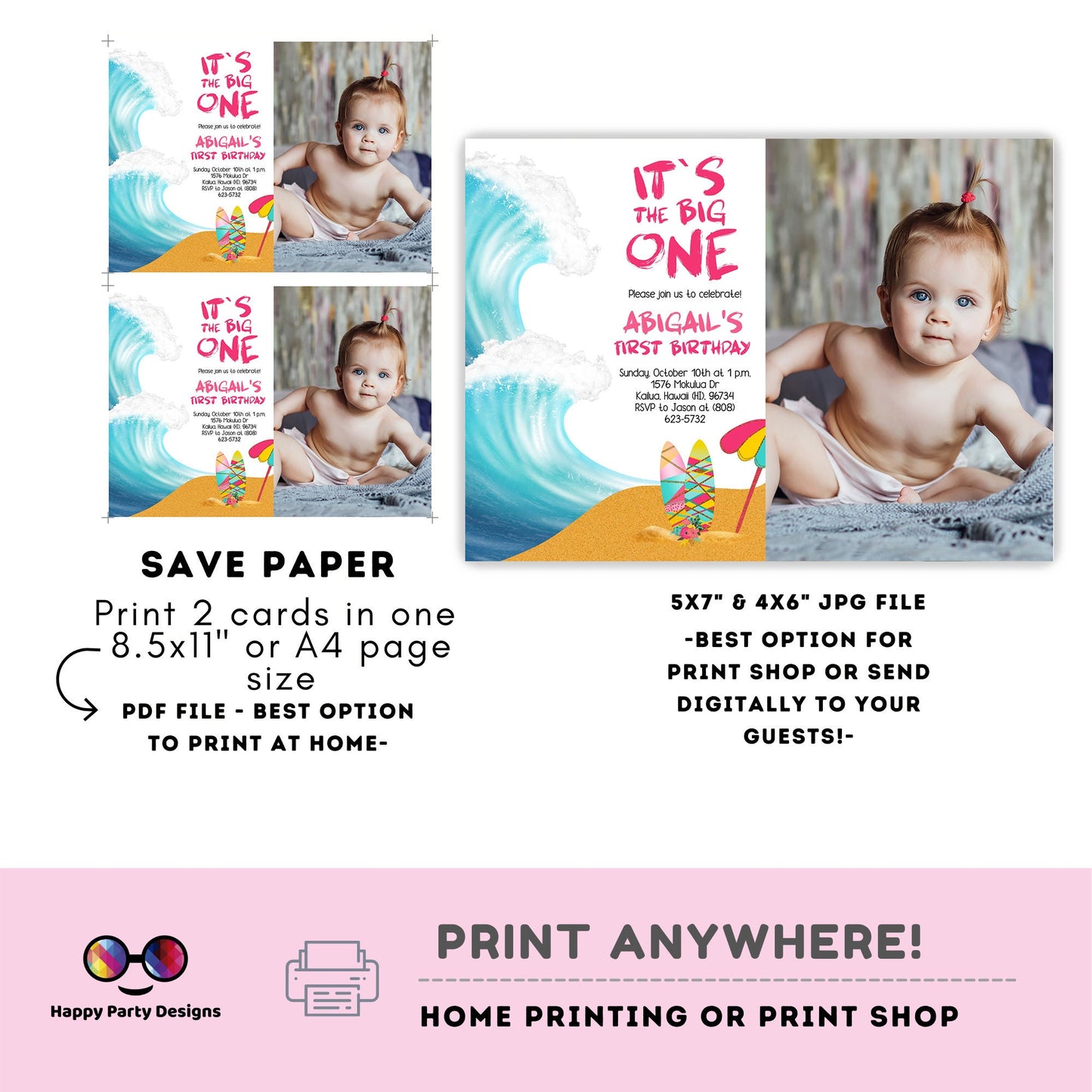 It's the big one Editable Birthday Invitation with picture | First birthday | birthday girl | Birthday invitations | Surf Birthday