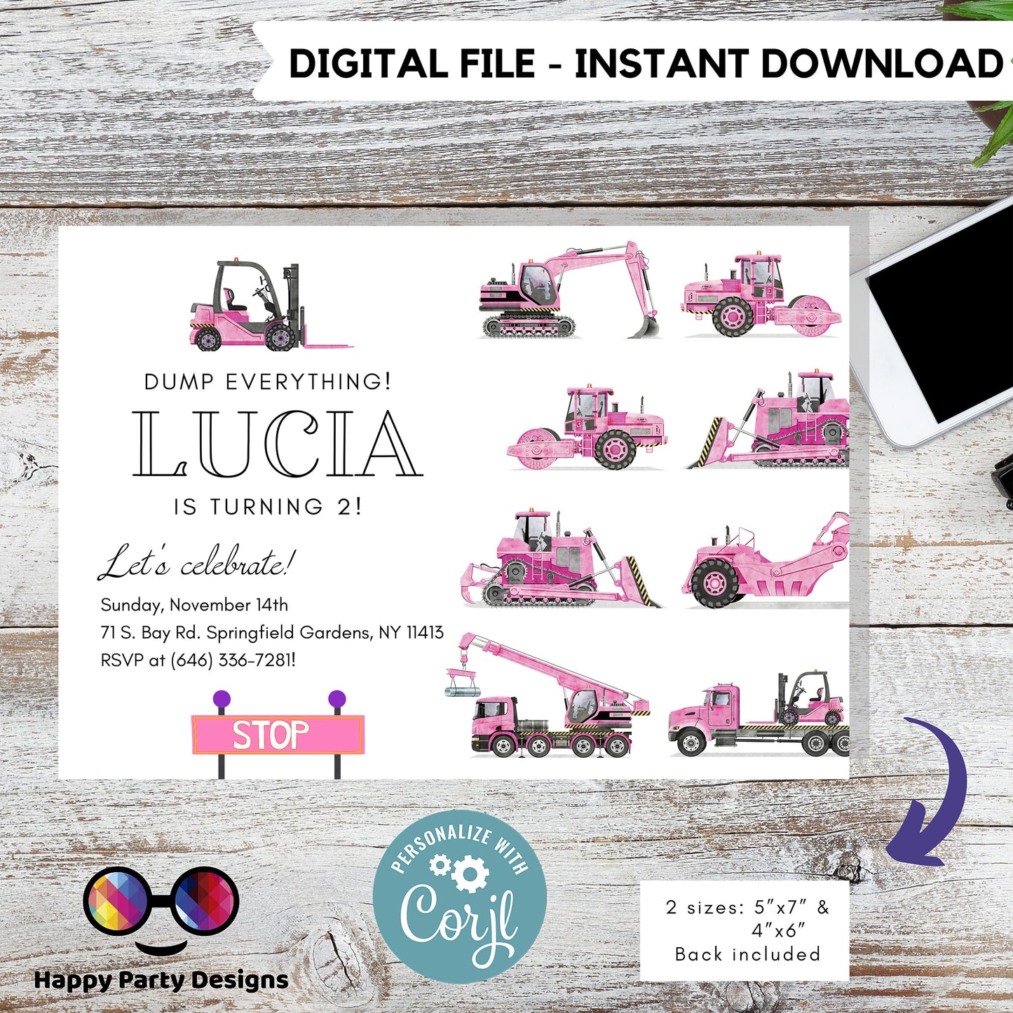 Trucks Birthday Invitations | construction party | baby girl | Party under Construction Invitation | Edit Yourself
