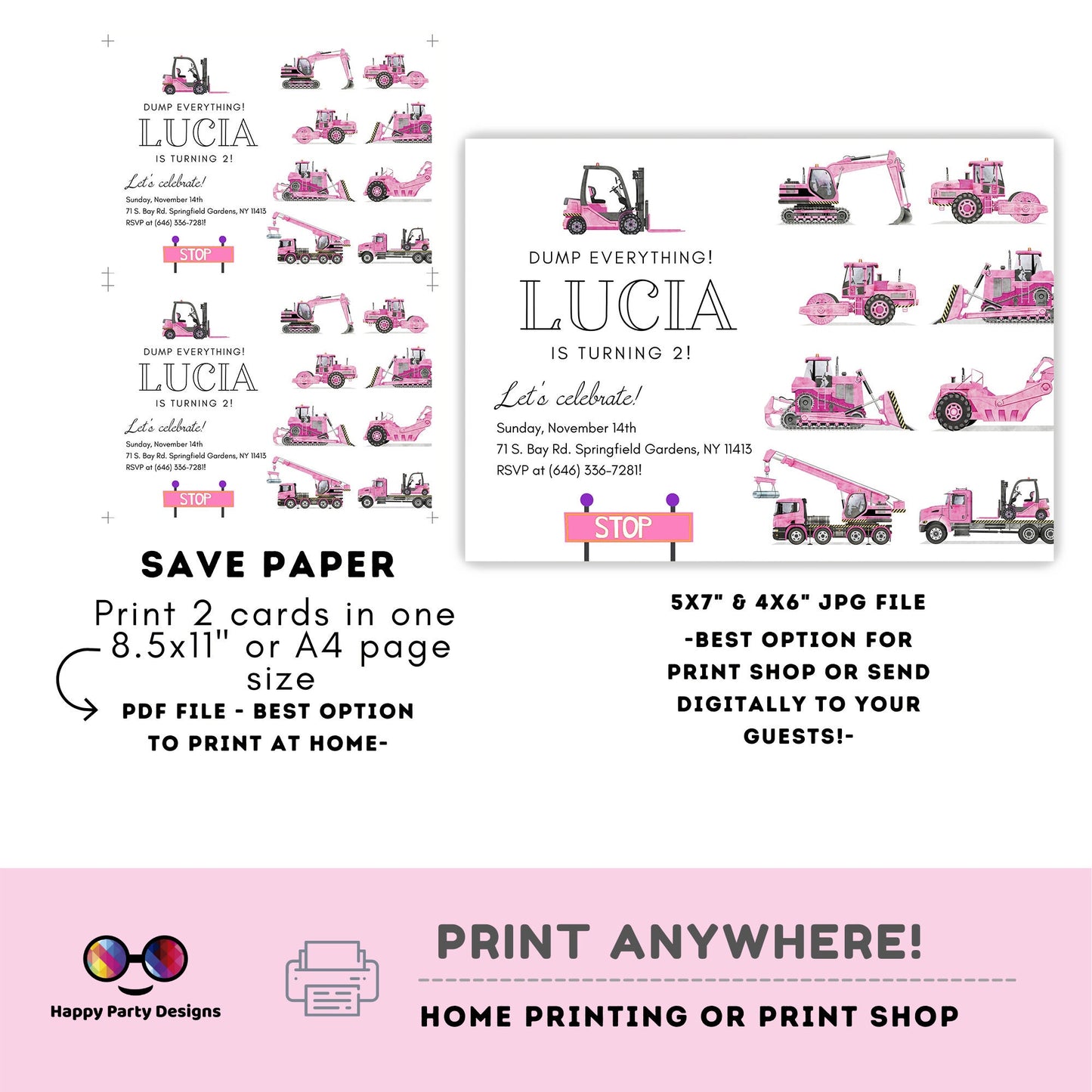 Trucks Birthday Invitations | construction party | baby girl | Party under Construction Invitation | Edit Yourself