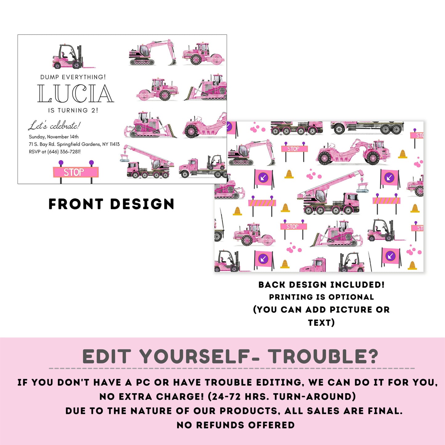 Trucks Birthday Invitations | construction party | baby girl | Party under Construction Invitation | Edit Yourself