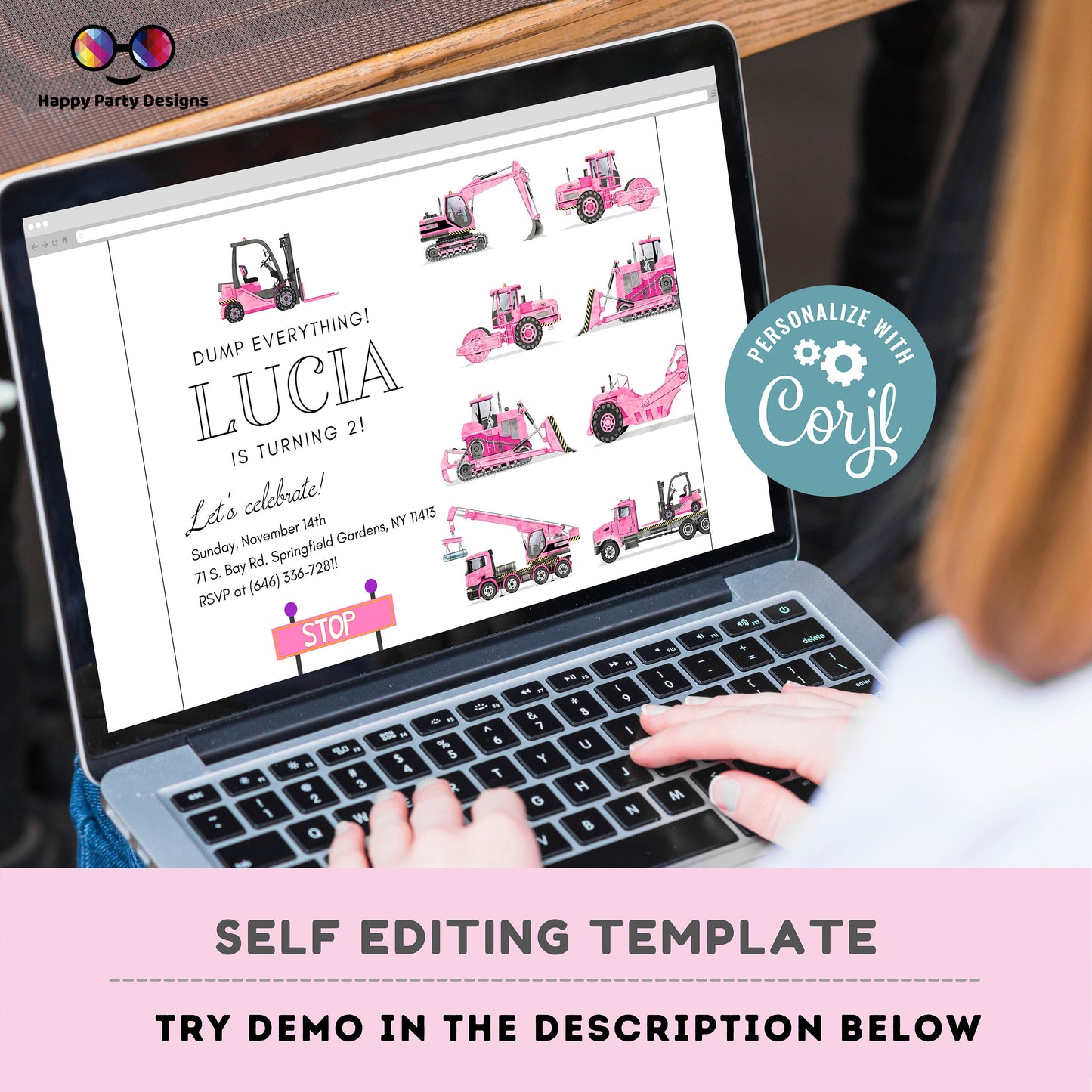 Trucks Birthday Invitations | construction party | baby girl | Party under Construction Invitation | Edit Yourself