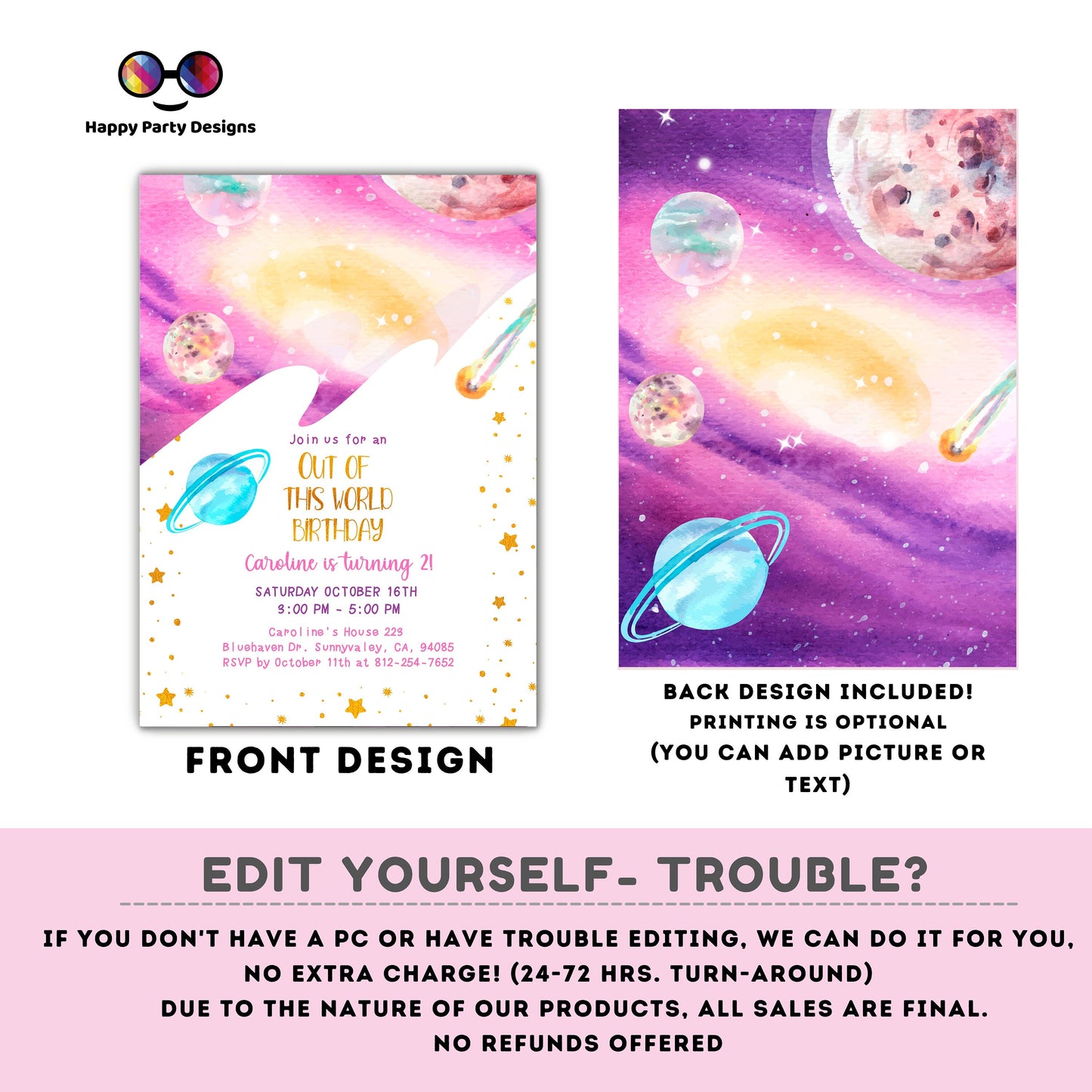 Editable Outer Space Birthday Invitation | Girl Invitation | Pink Birthday invitations | Cute Outer Space Birthday Invitation #K80