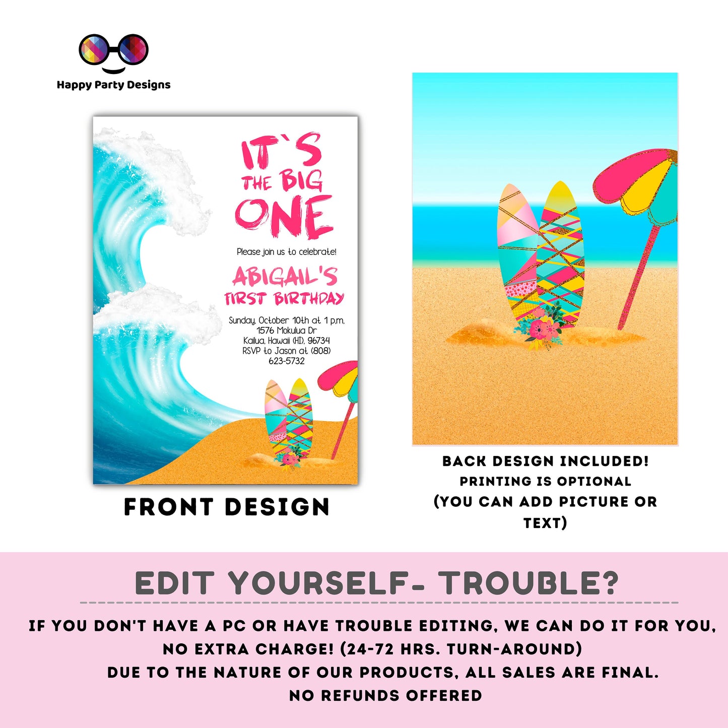 It's the big one Editable Birthday Invitation | First birthday | birthday girl | Birthday invitations | Surf Birthday Invitation | EDITABLE