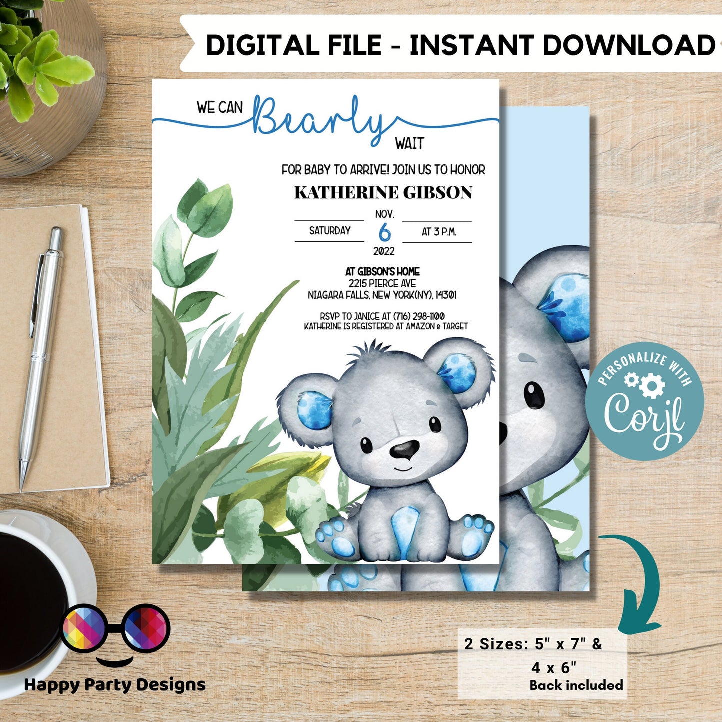 We can bearly wait Baby Shower Invitations | baby boy | watercolor | Cute bear | Edit Yourself & Instant Download with Corjl!