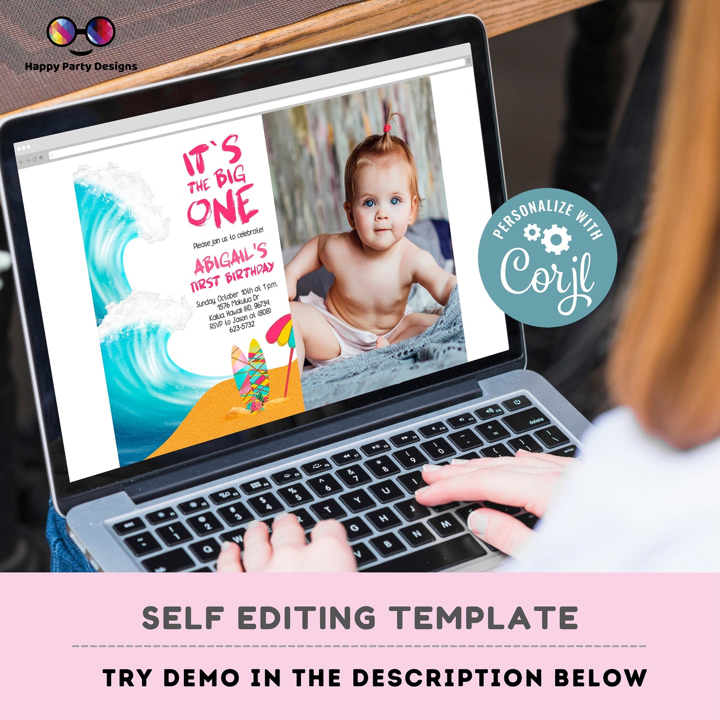 It's the big one Editable Birthday Invitation with picture | First birthday | birthday girl | Birthday invitations | Surf Birthday