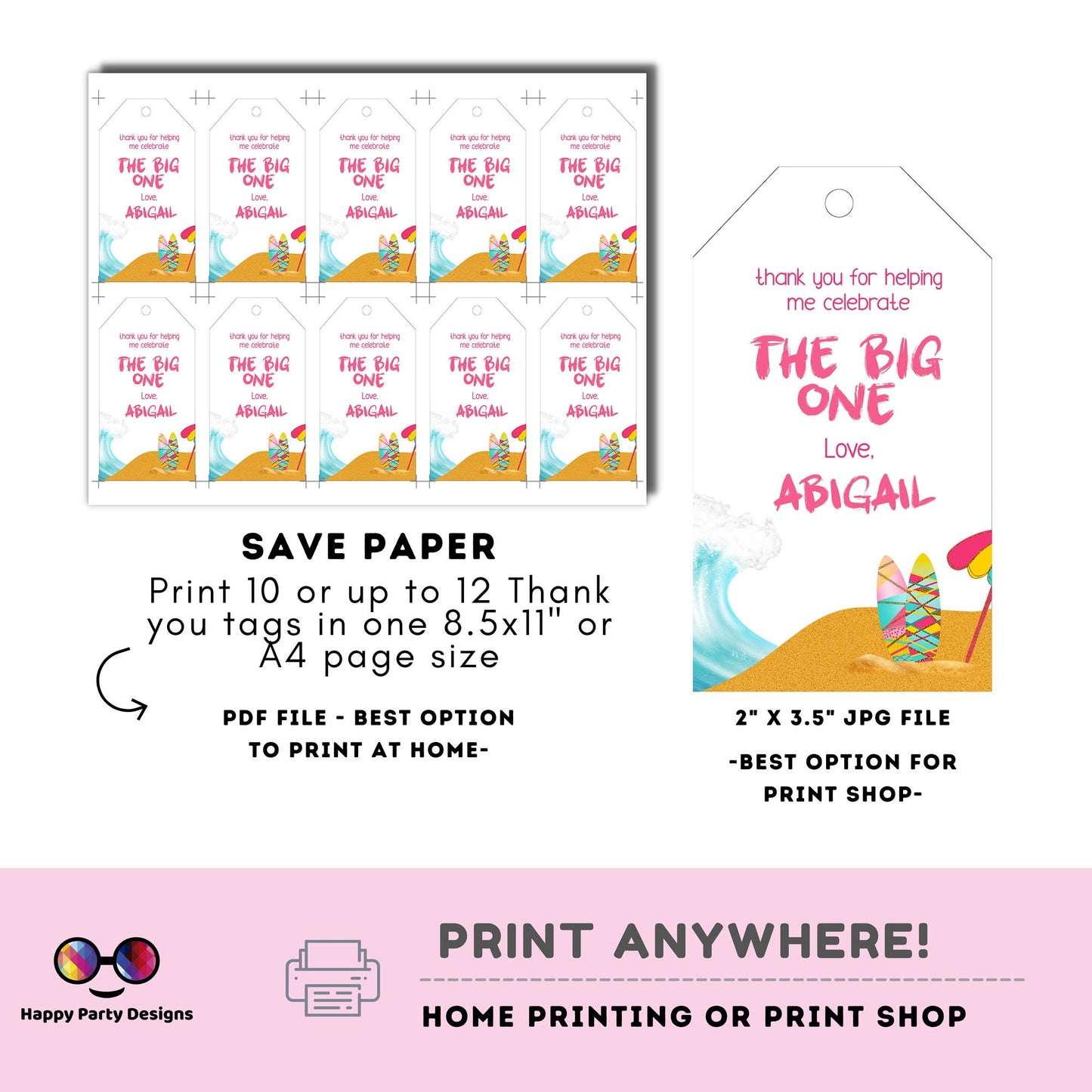 The big one Thank you tag | birthday girl | Digital thank you tag | First birthday Thank You tag | Surf birthday theme | Personalize Online