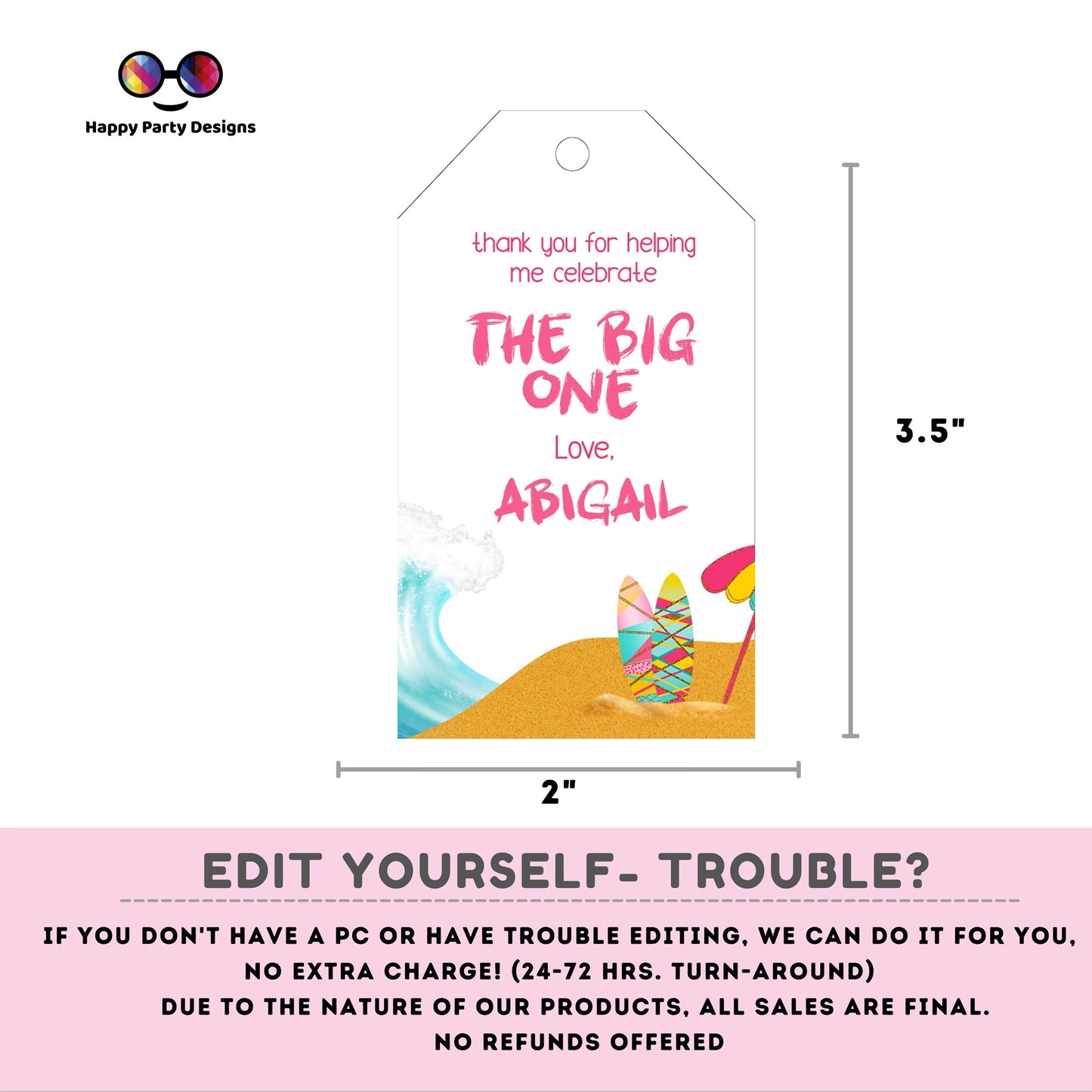 The big one Thank you tag | birthday girl | Digital thank you tag | First birthday Thank You tag | Surf birthday theme | Personalize Online