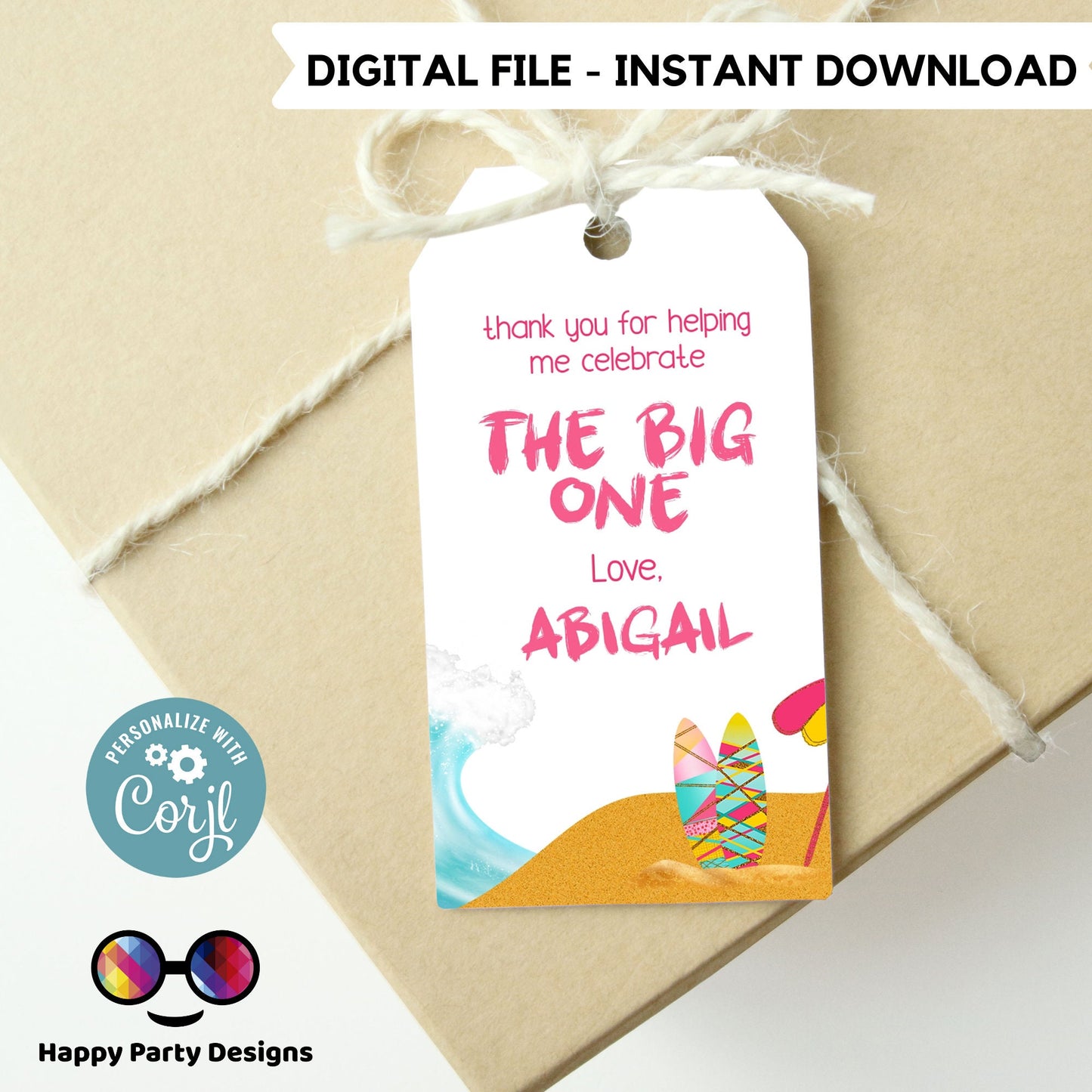The big one Thank you tag | birthday girl | Digital thank you tag | First birthday Thank You tag | Surf birthday theme | Personalize Online