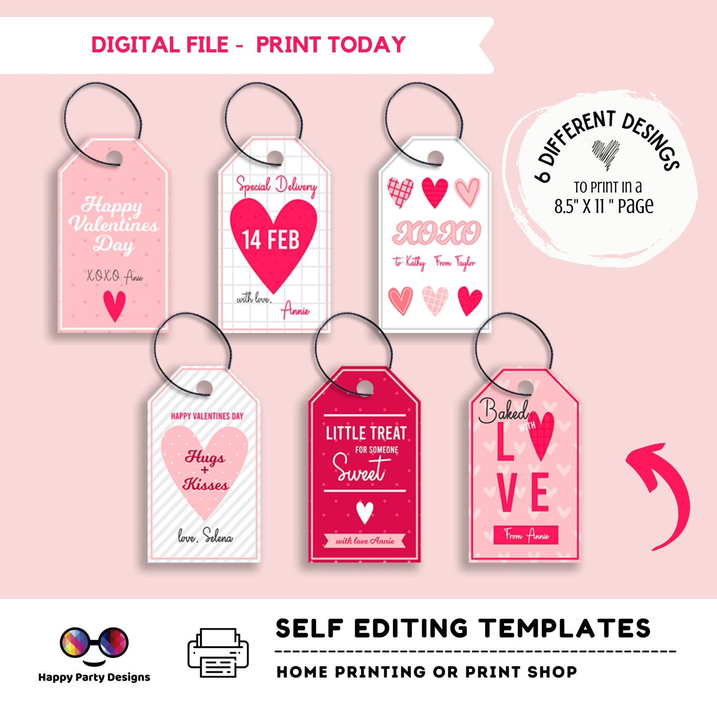 Editable Valentines Day Tag | Digital Tag | Valentines Tag | Hearts Tag |Personalize Online