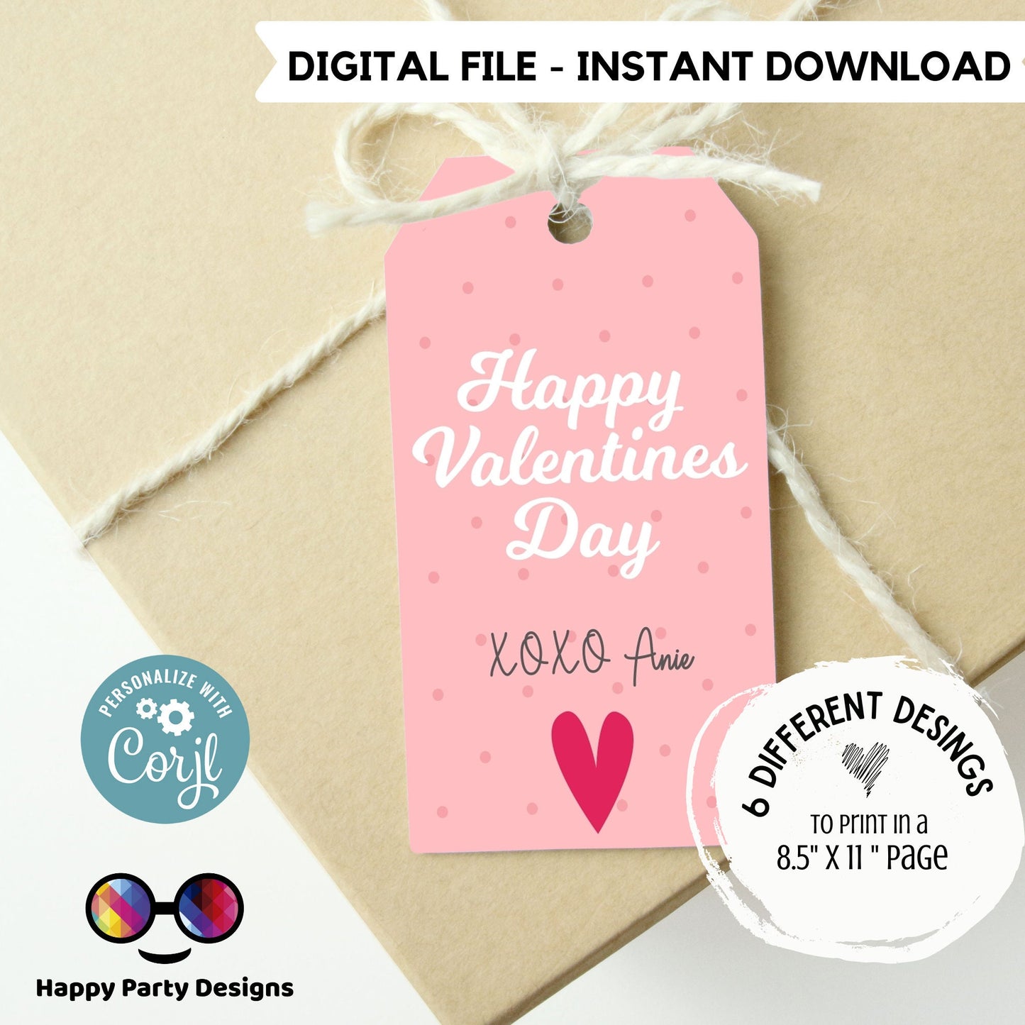 Editable Valentines Day Tag | Digital Tag | Valentines Tag | Hearts Tag |Personalize Online