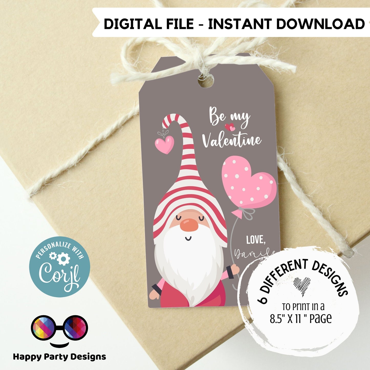 Editable Valentines Day Tag | Digital Tag | Valentines Tag | Hearts Tag | Valentine's gnome tag