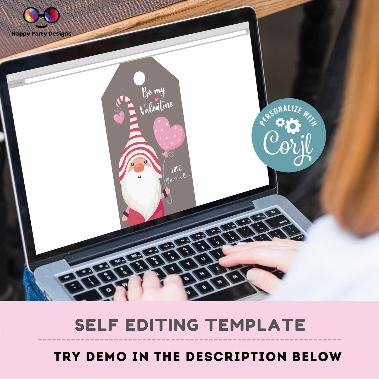 Editable Valentines Day Tag | Digital Tag | Valentines Tag | Hearts Tag | Valentine's gnome tag