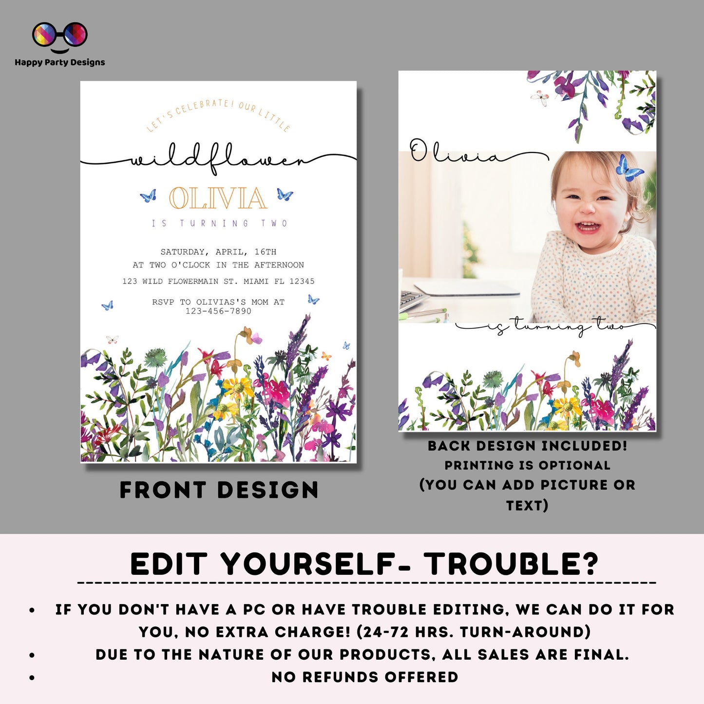 Wildflower Birthday Invitation | Little Wild flower | Garden Birthday Party | Whimsical Spring | Meadow Birthday Party | with picture #K73