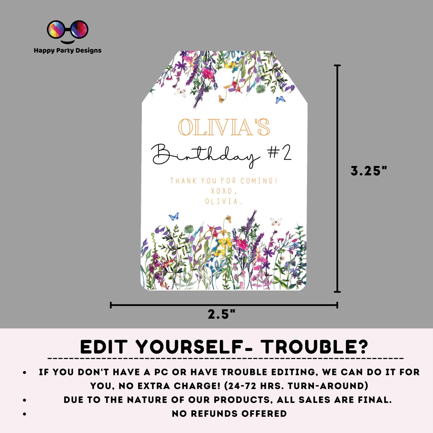 Editable Wildflower Thank you tag | Digital wild flower tag | Whimsical Spring Thank You tag | Meadow Birthday Party #K73