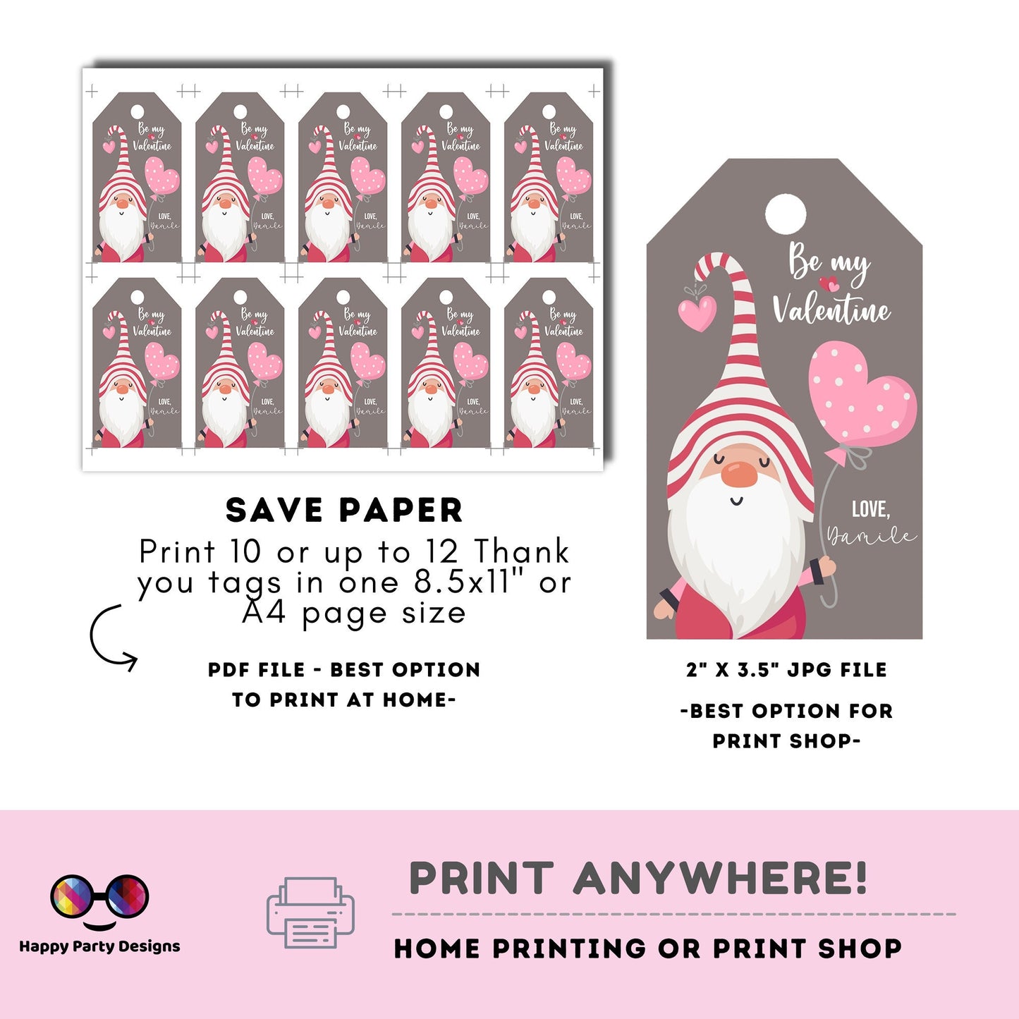 Editable Valentines Day Tag | Digital Tag | Valentines Tag | Hearts Tag | Valentine's gnome tag