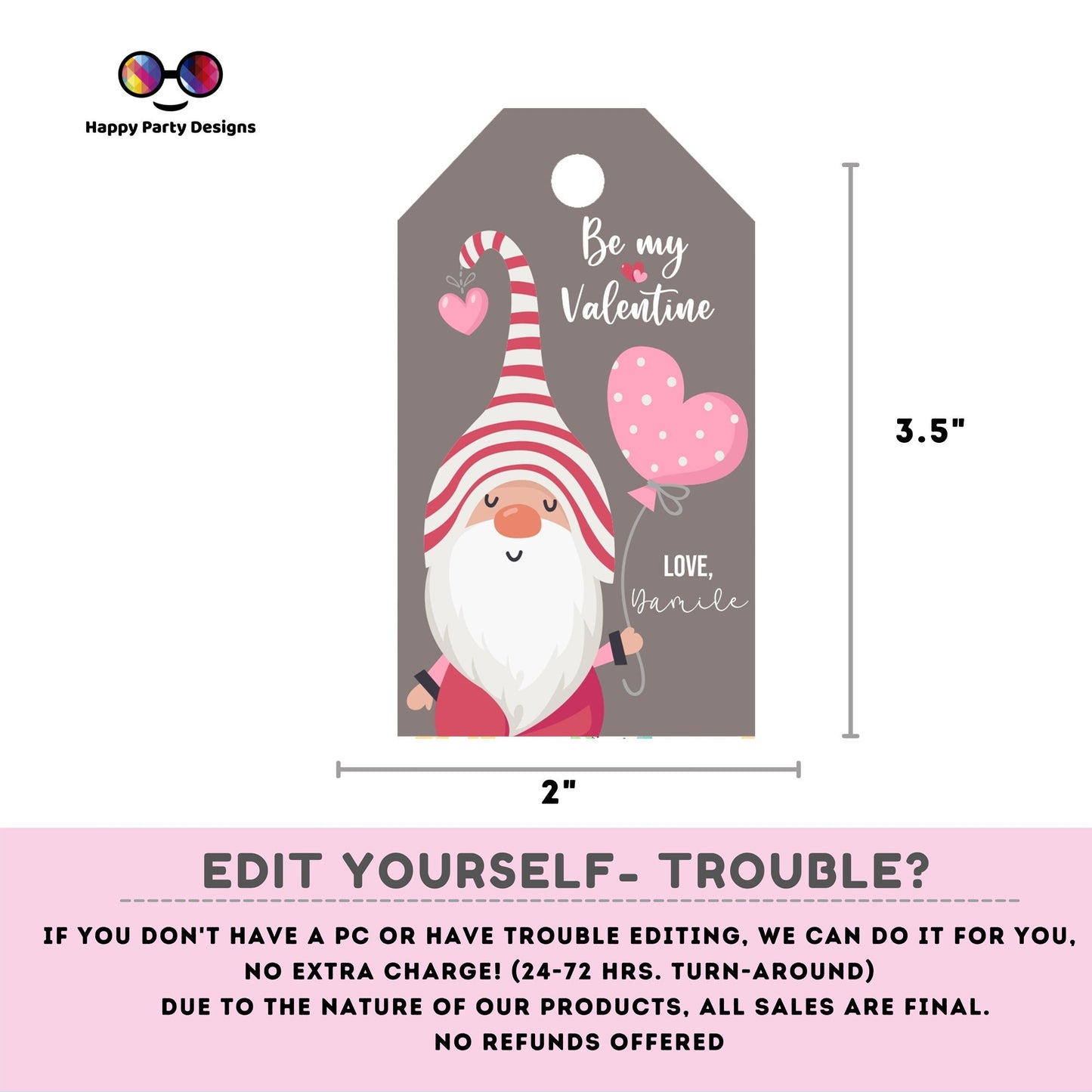 Editable Valentines Day Tag | Digital Tag | Valentines Tag | Hearts Tag | Valentine's gnome tag