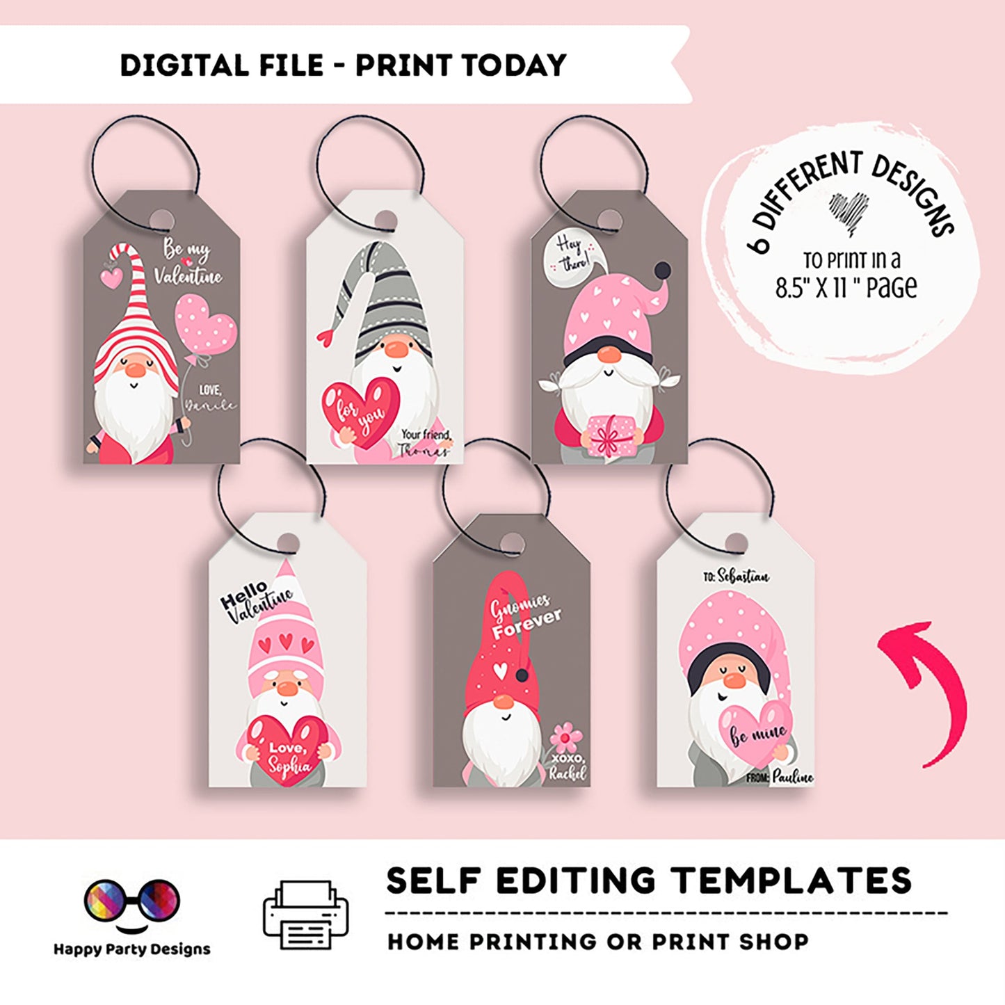 Editable Valentines Day Tag | Digital Tag | Valentines Tag | Hearts Tag | Valentine's gnome tag