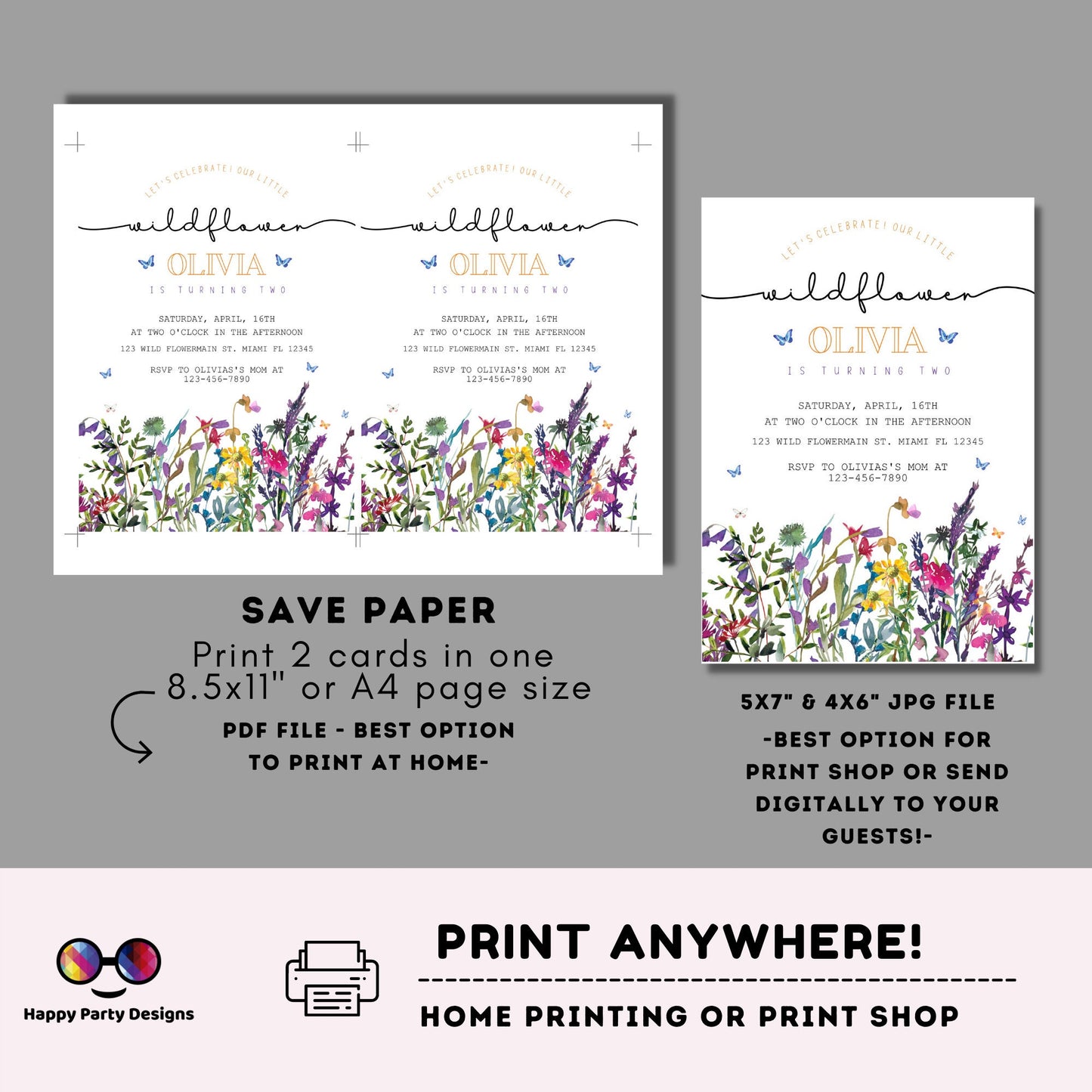 Wildflower Birthday Invitation | Little Wild flower | Garden Birthday Party | Whimsical Spring | Meadow Birthday Party | with picture #K73