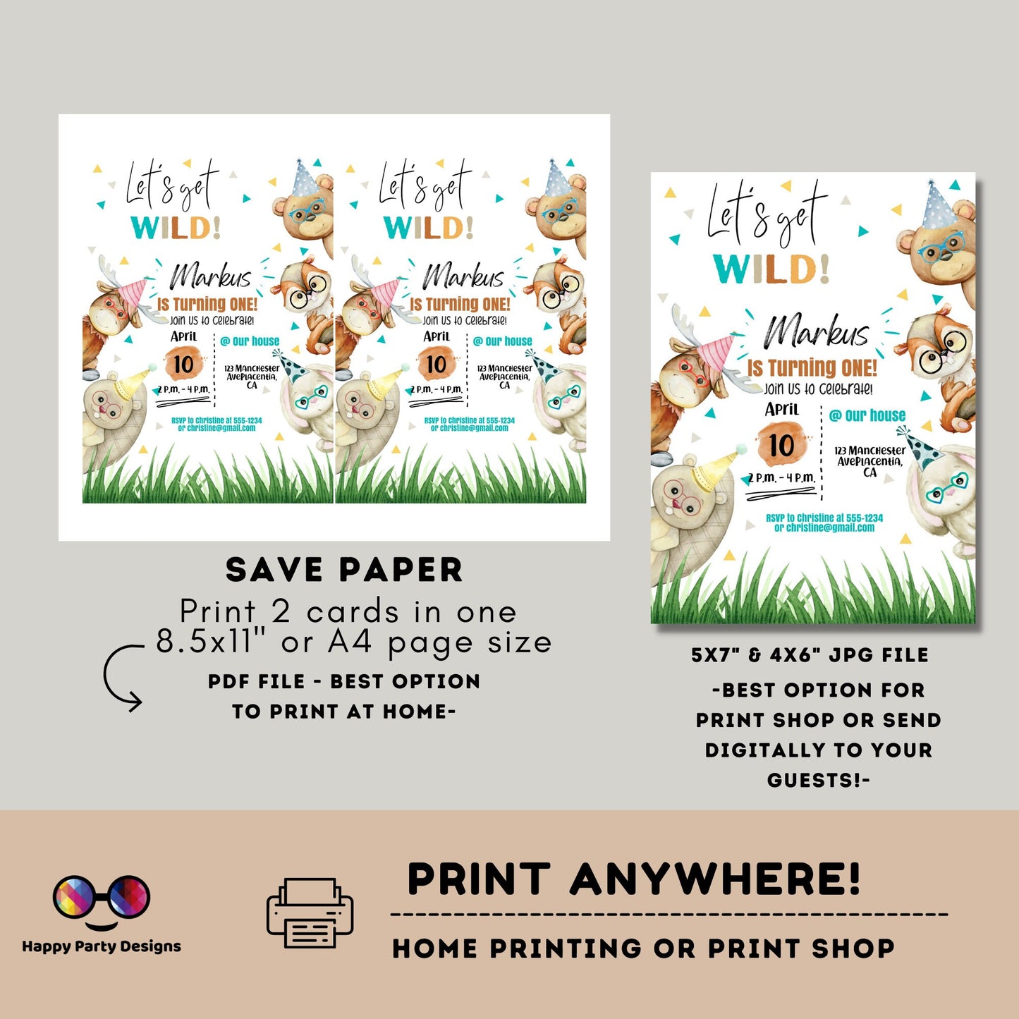 Editable watercolor woodland invitation | Digital Wild one printable invite | Any age! | cute animals Digital | Personalize Online
