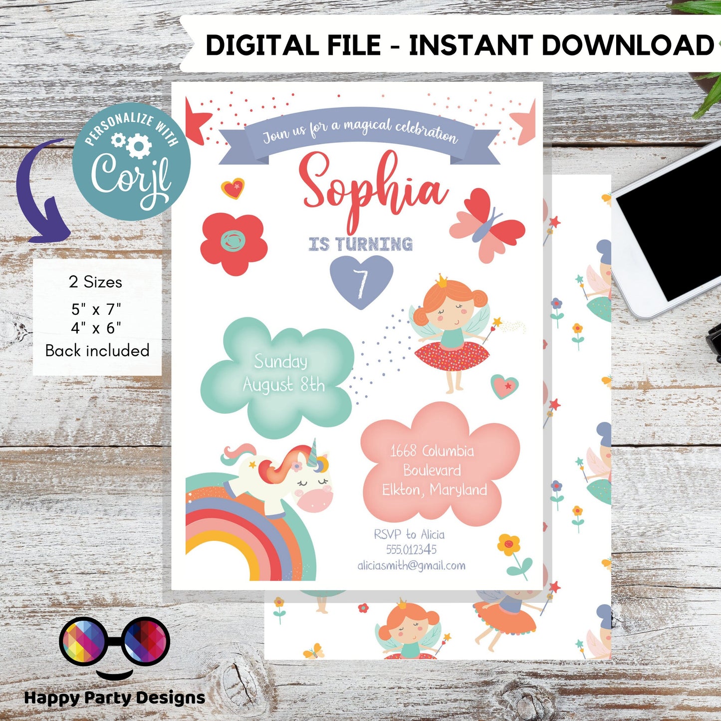 Editable Unicorn and Fairies Birthday invitation | Pink Birthday | Unicorn Invitation | Fairies Invitation | Digital invitation