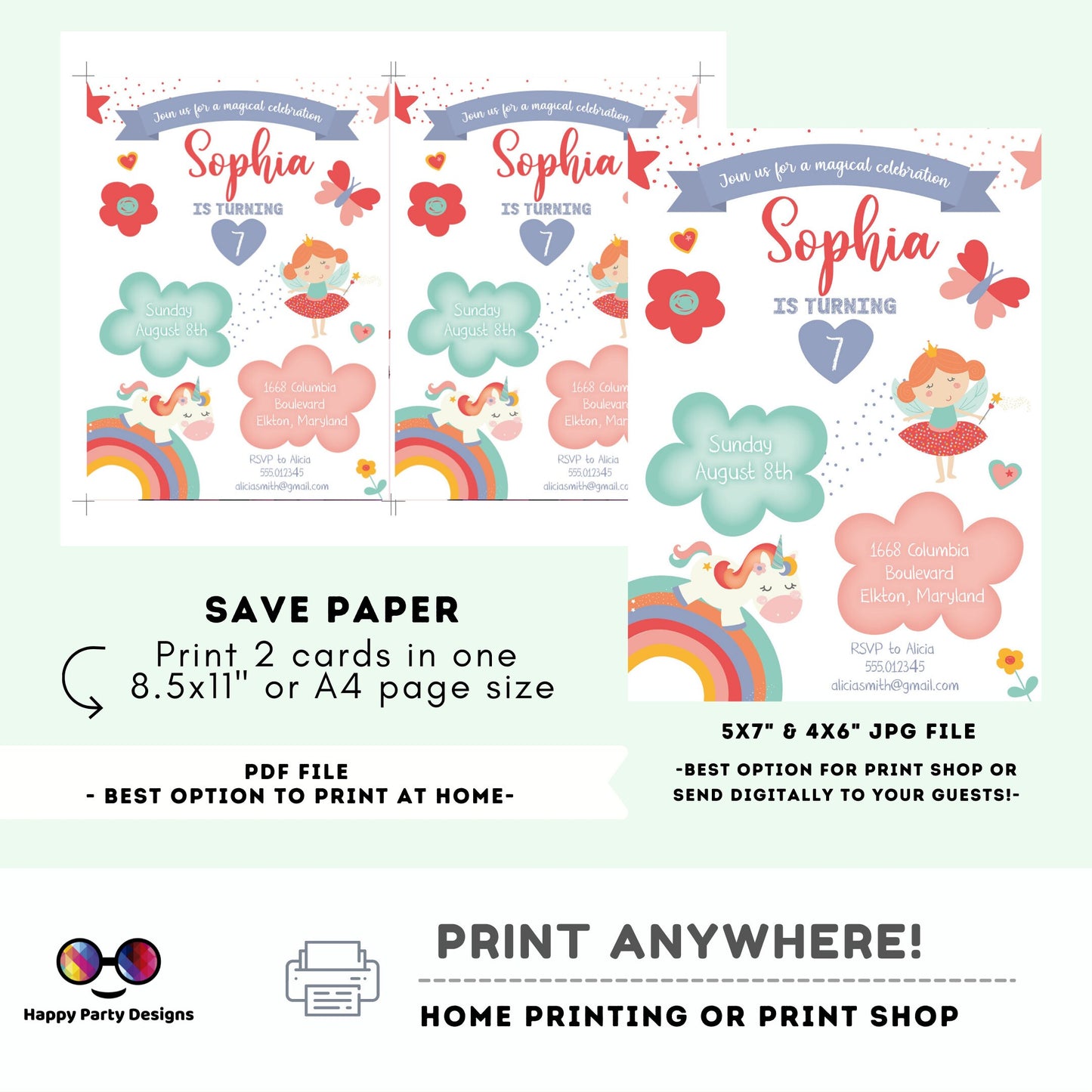 Editable Unicorn and Fairies Birthday invitation | Pink Birthday | Unicorn Invitation | Fairies Invitation | Digital invitation
