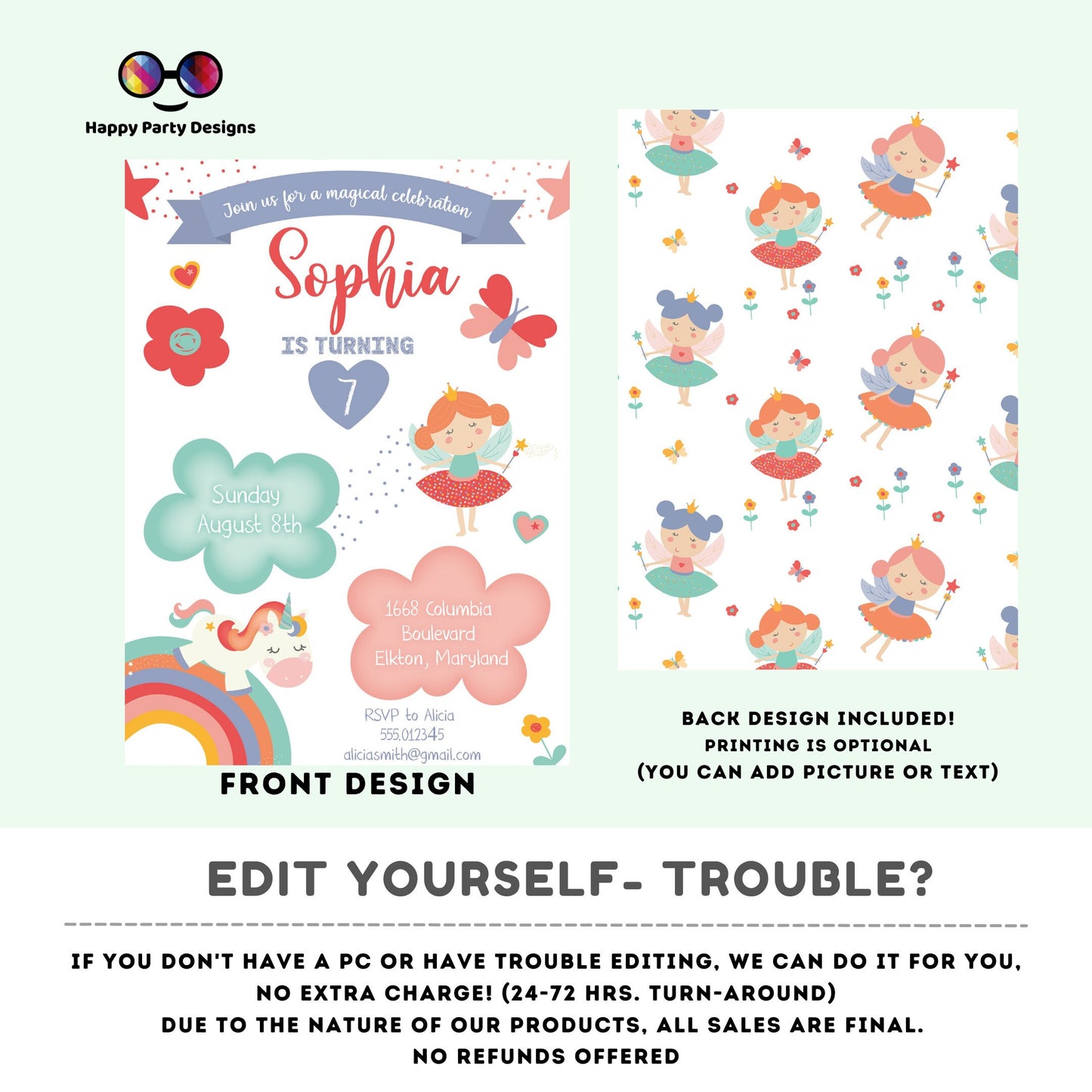 Editable Unicorn and Fairies Birthday invitation | Pink Birthday | Unicorn Invitation | Fairies Invitation | Digital invitation