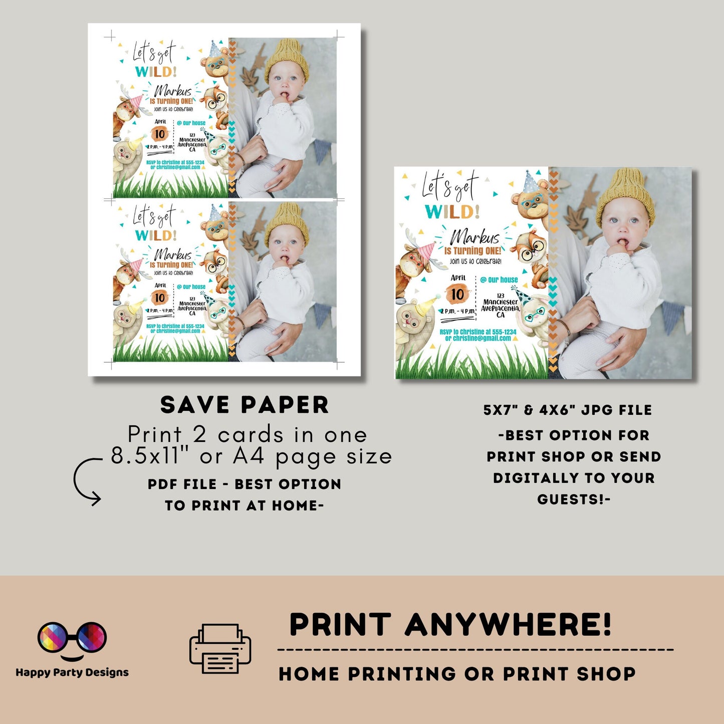 Editable watercolor woodland invitation with picture | Digital Wild printable invite | Any age! | cute animals Digital | Personalize Online
