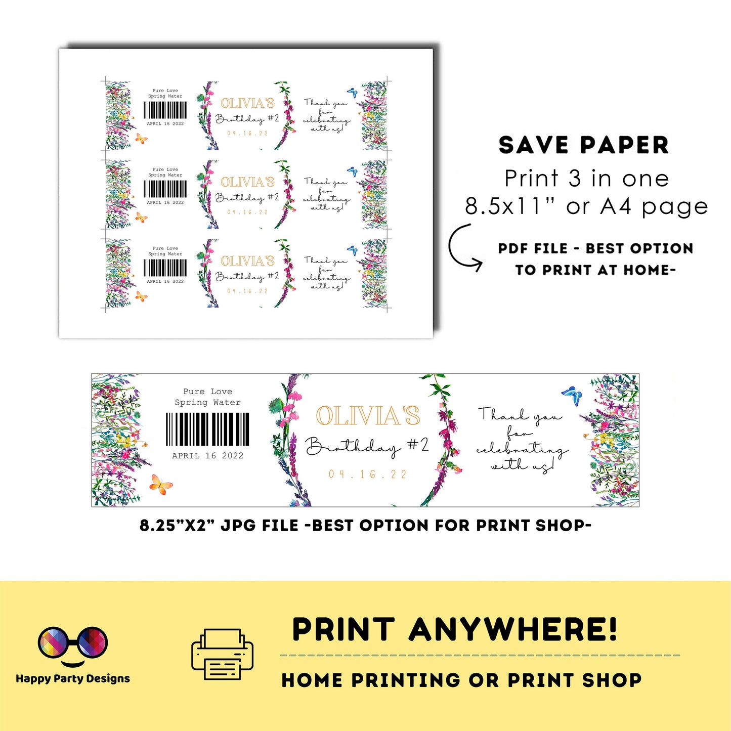 Editable Wildflower water bottle labels | printable labels | Wild flower labels | Spring party | bottle labels | Flower party #K73