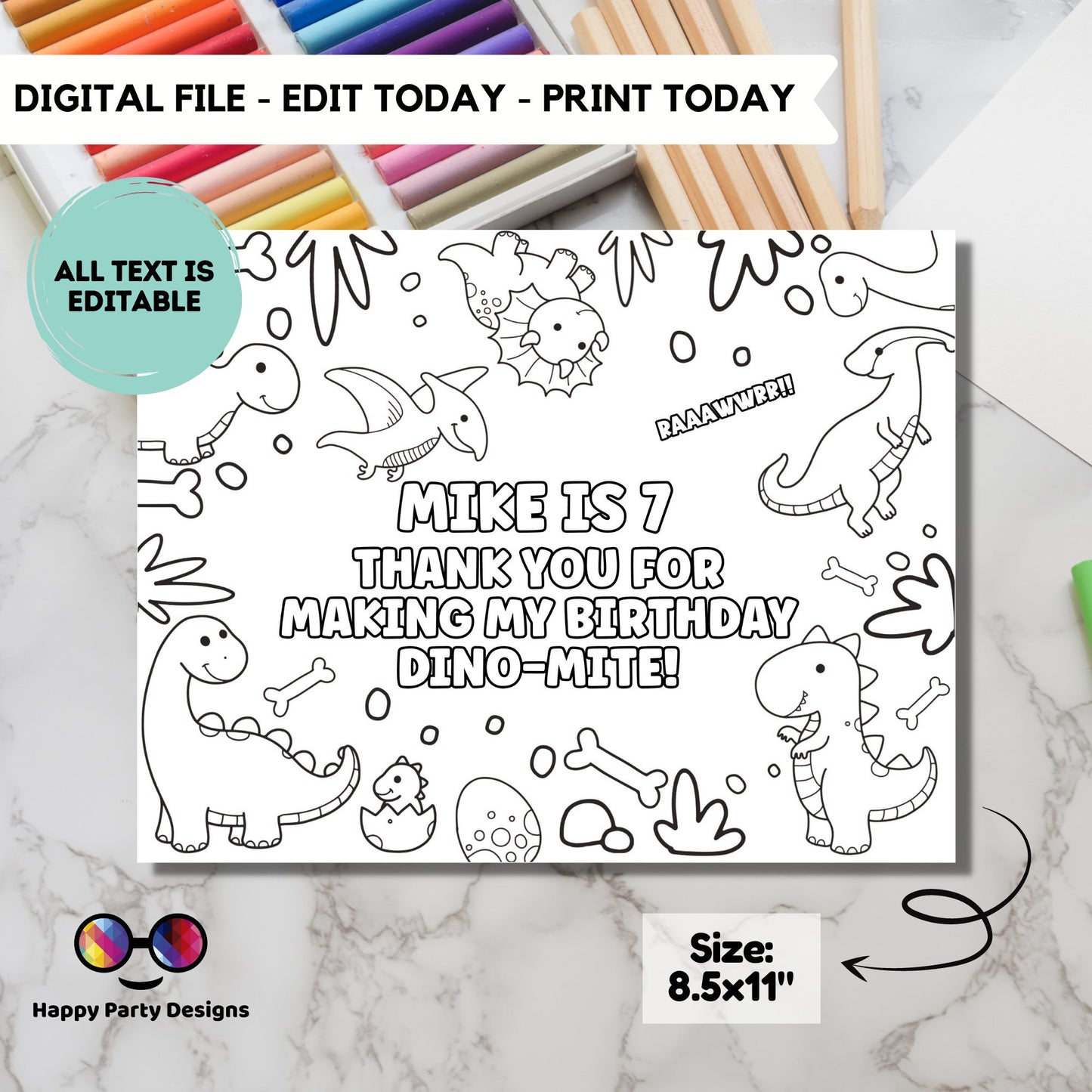 Editable Dino coloring page | Placemat coloring page | Any Age | Dinosaur birthday | Dinosaur Party Activity