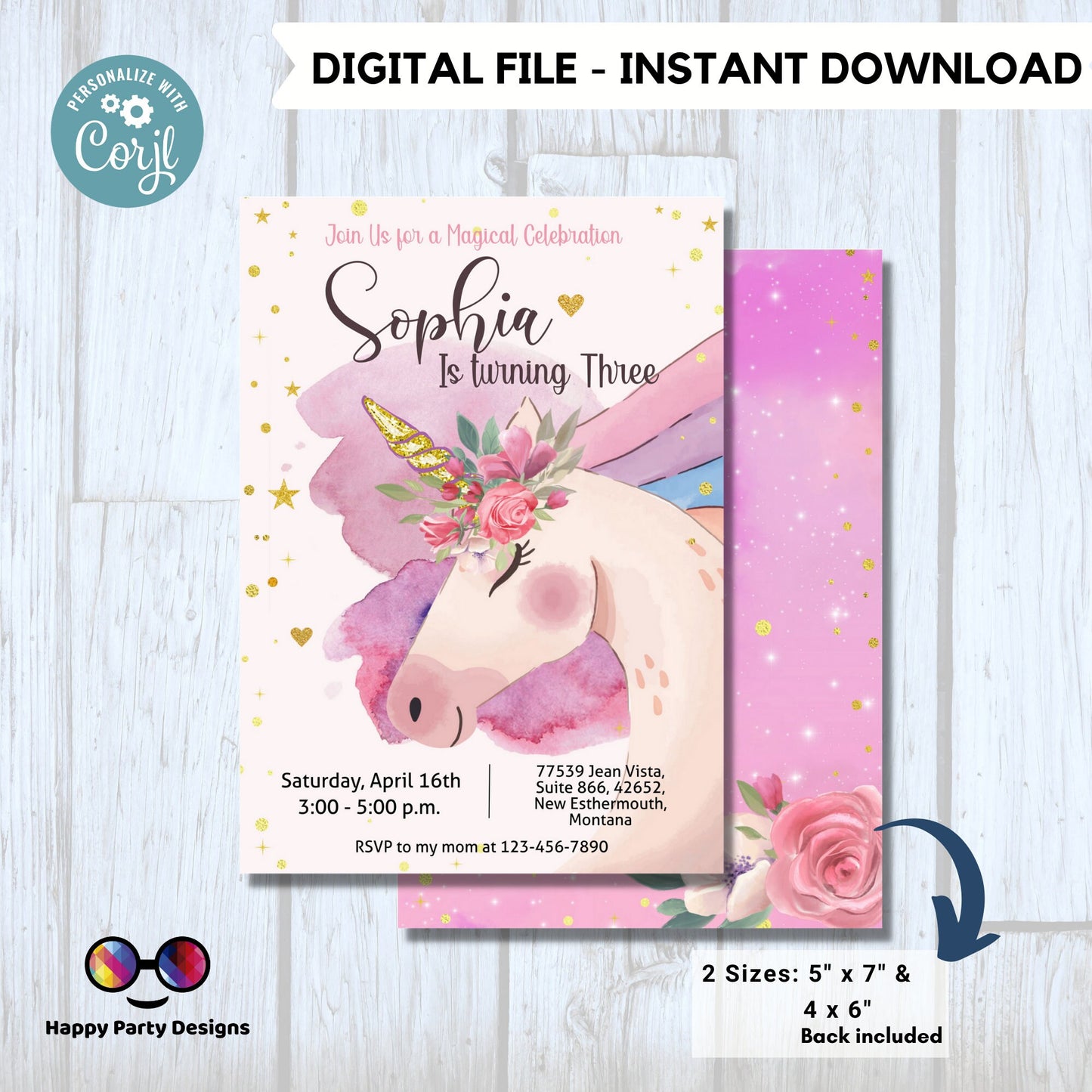 Unicorn Birthday Invitation | Unicorn birthday party | Unicorn template invite | unicorn party | EDITABLE ON LINE | #0001
