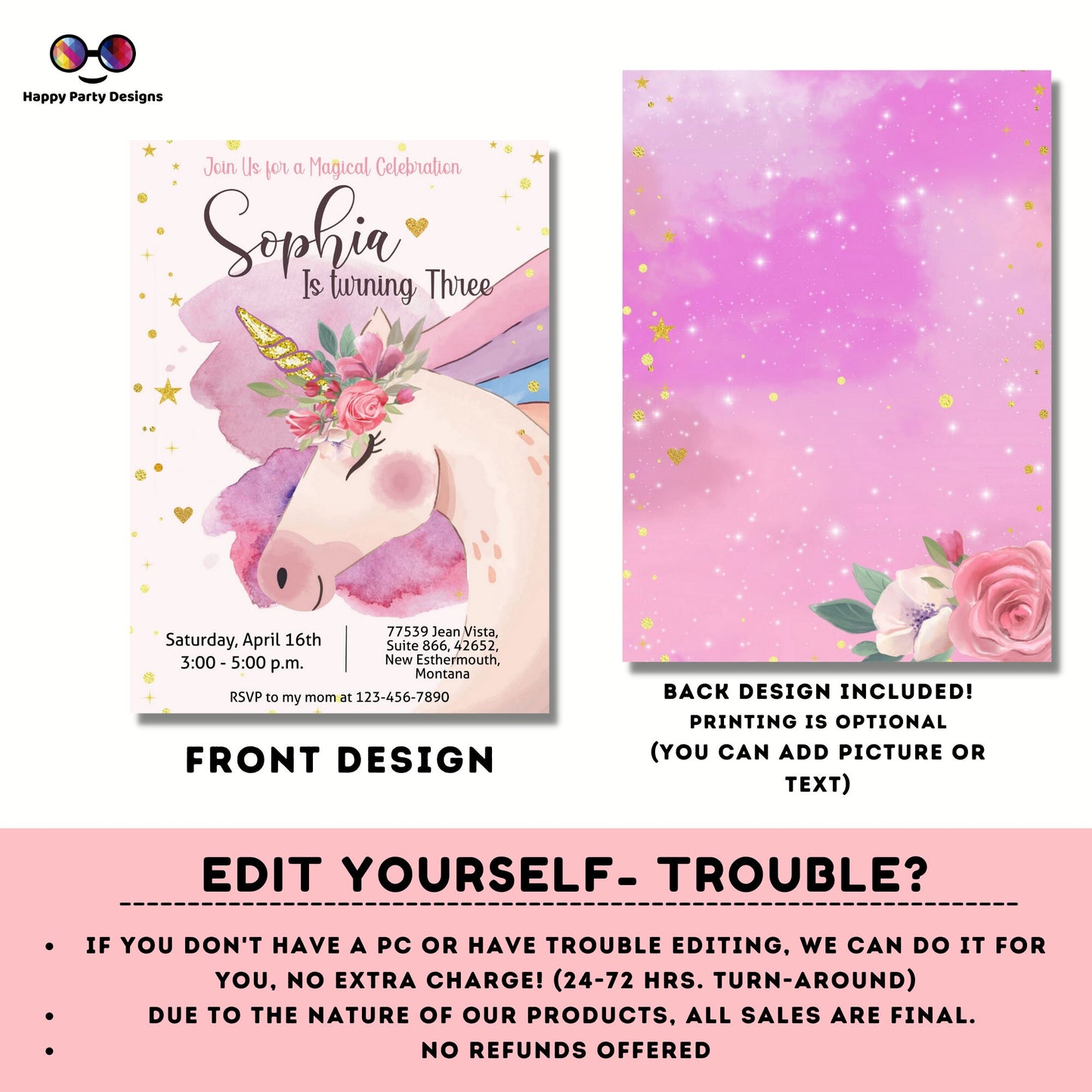 Unicorn Birthday Invitation | Unicorn birthday party | Unicorn template invite | unicorn party | EDITABLE ON LINE | #0001